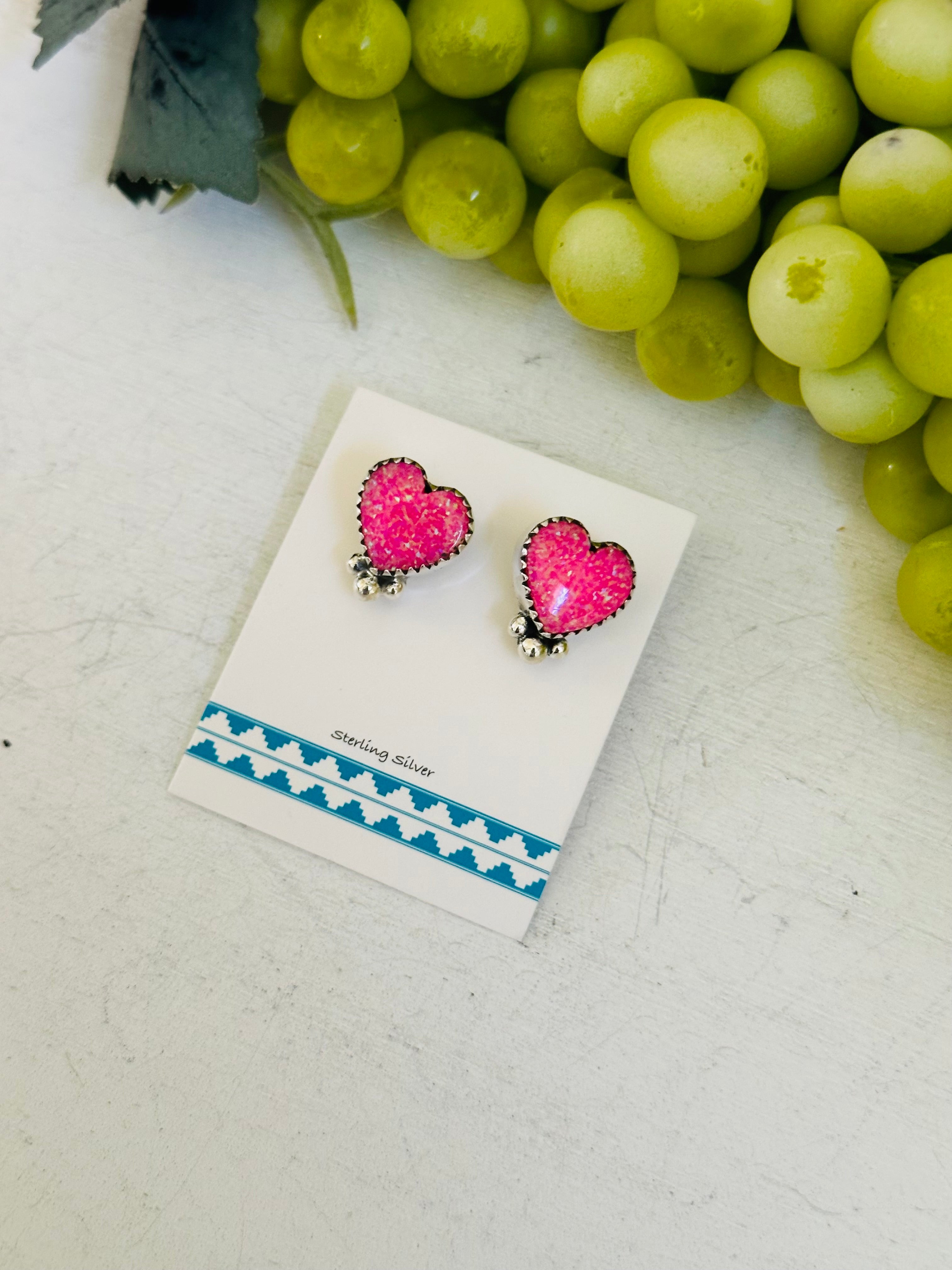 TTD “ dainty” Pink Opal & Sterling Silver Post Heart Earrings