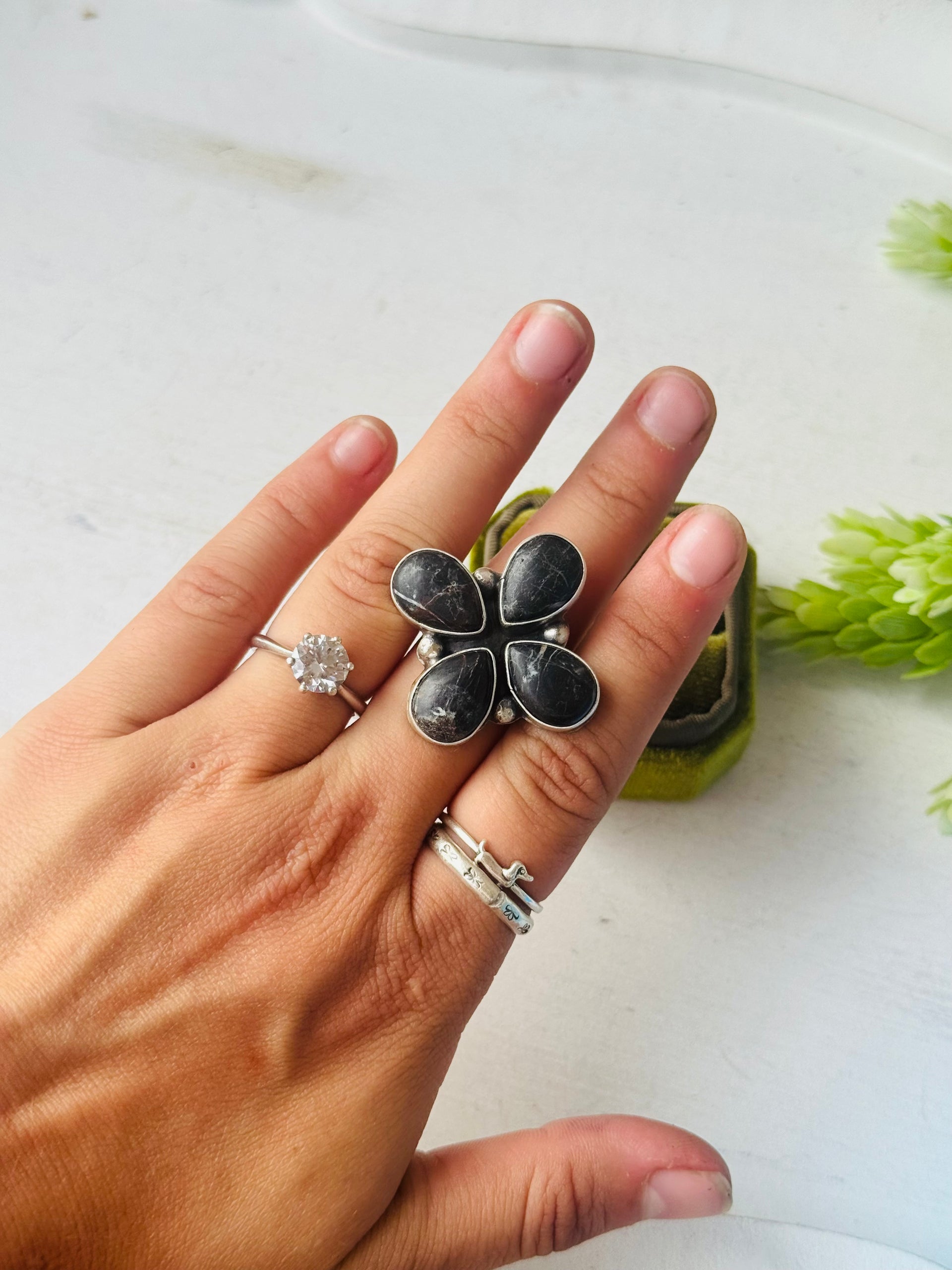 Myron Benally White Buffalo & Sterling Silver Ring Size 8