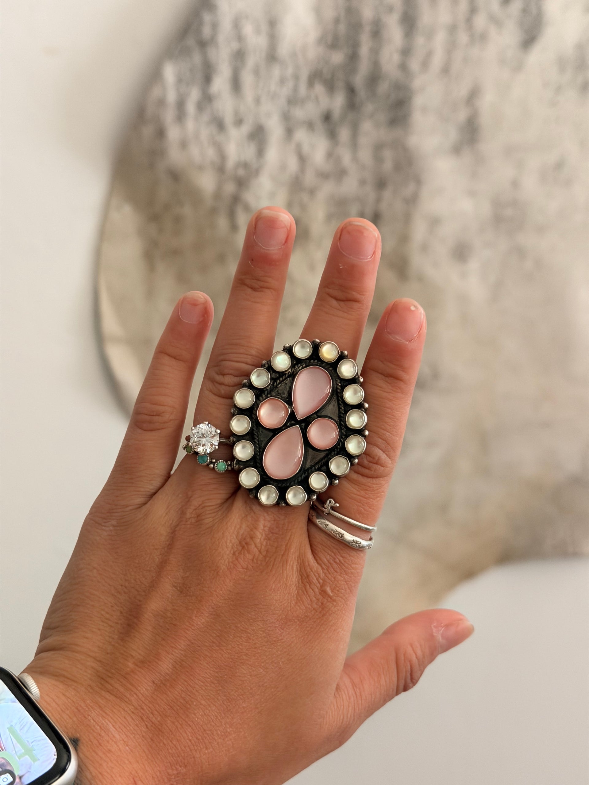 Navajo Made Multi Stone & Sterling Silver Cluster Adjustable Ring