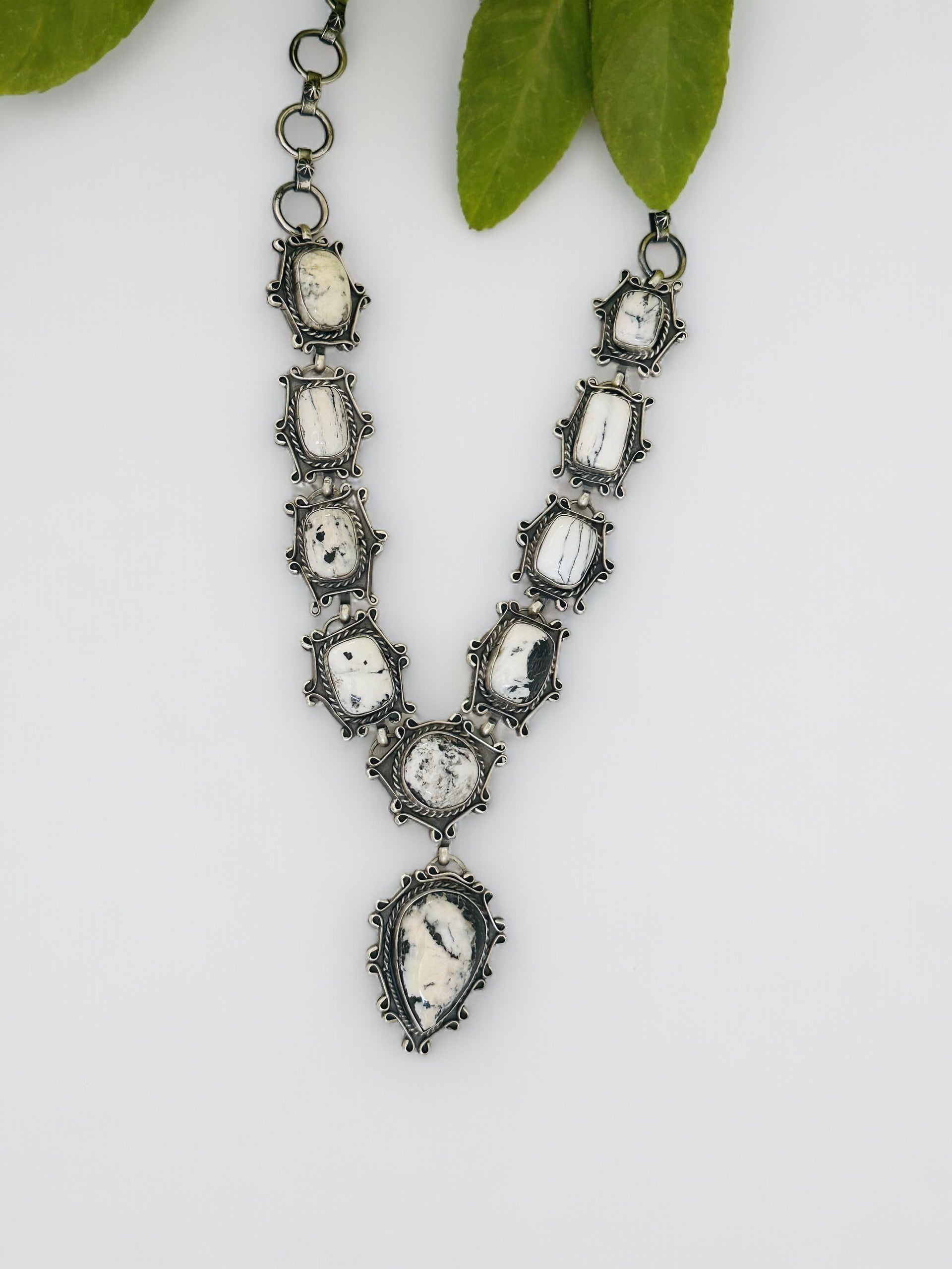 Navajo Made White Buffalo & Sterling Silver Lariat Necklace