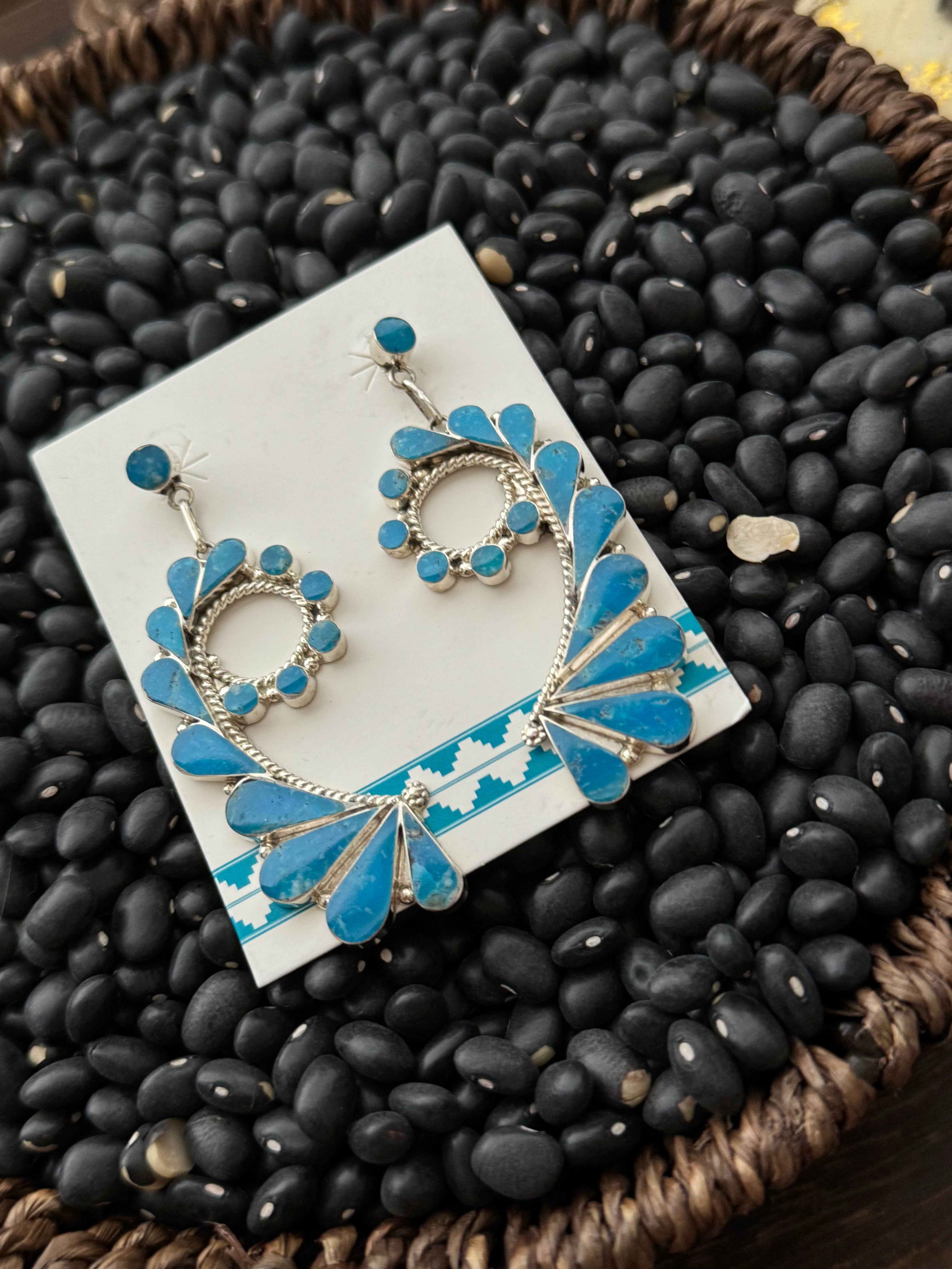 Zuni Made Kingman Turquoise & Sterling Silver Inlay Dangle Earrings