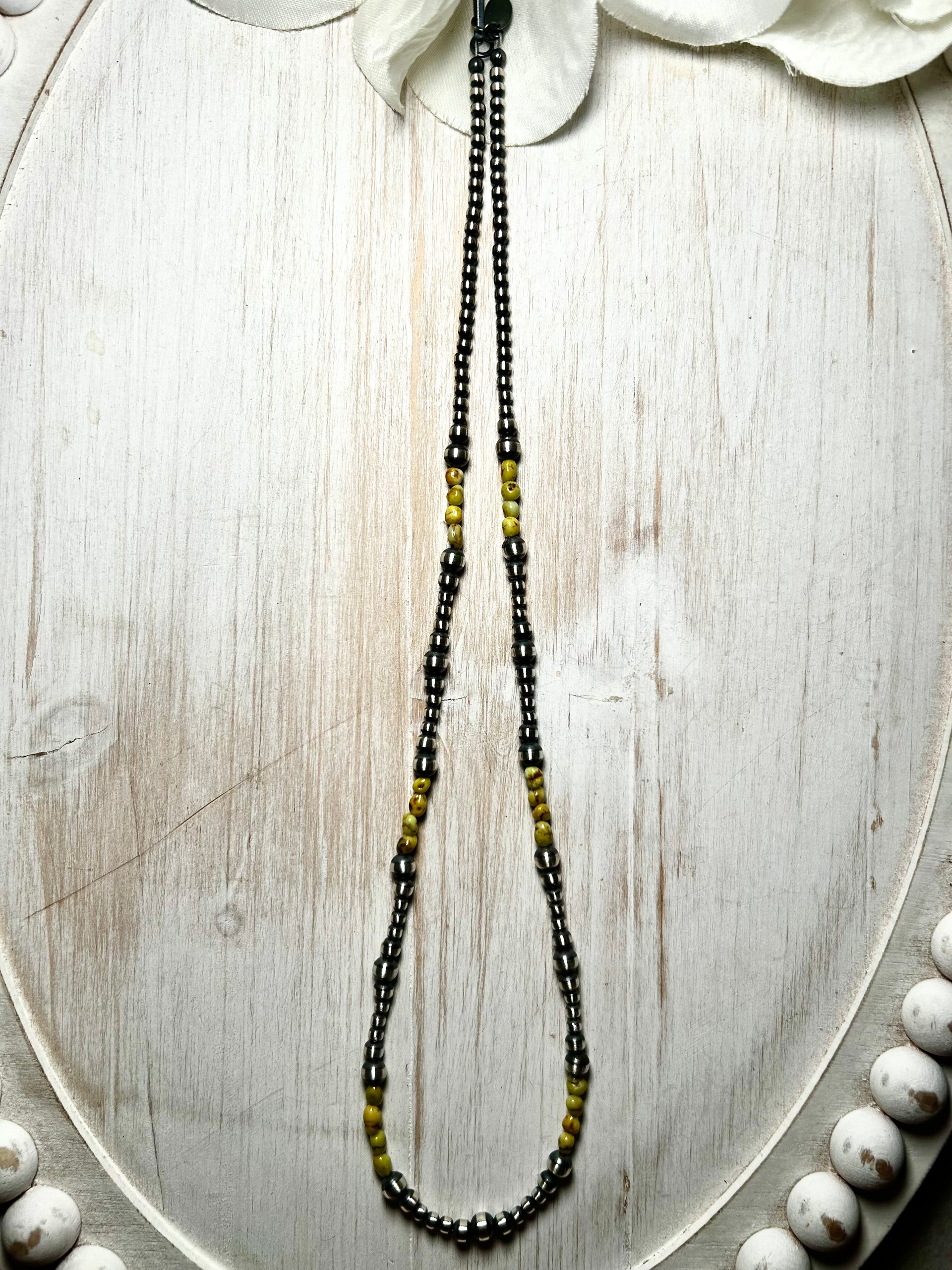 Navajo Strung Palomino Variscite & Sterling Silver Necklace