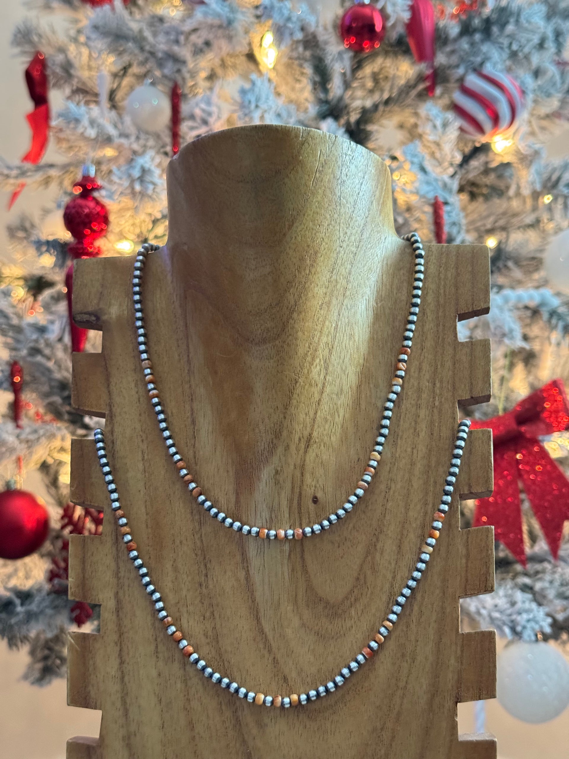 Navajo Strung Red/Orange Spiny Oyster & Sterling Silver Pearl Necklace