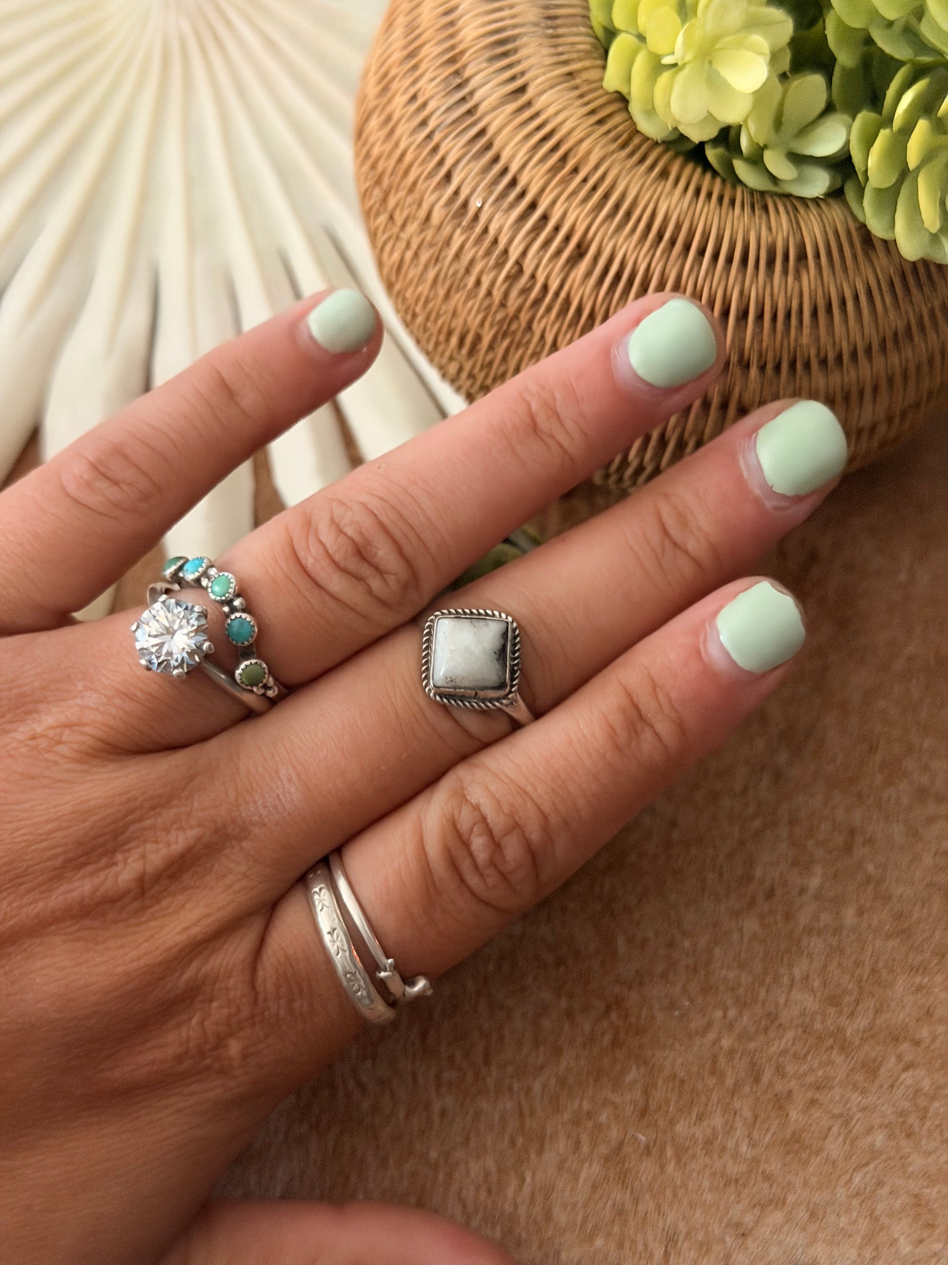 Navajo Made White Buffalo & Sterling Silver Ring Size 8.5
