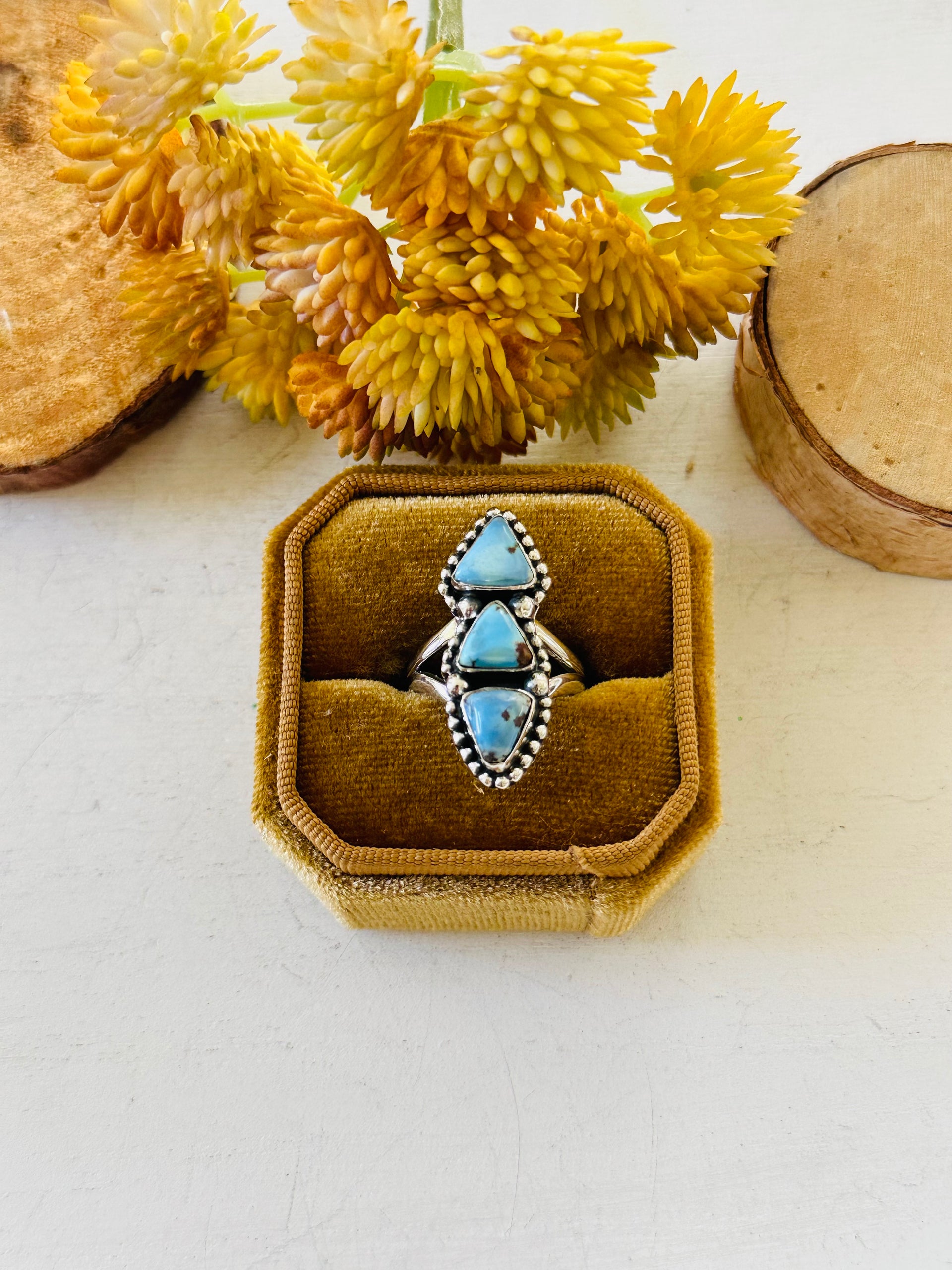 Southwest Handmade Golden Hills Turquoise & Sterling Silver Ring Size 6.25