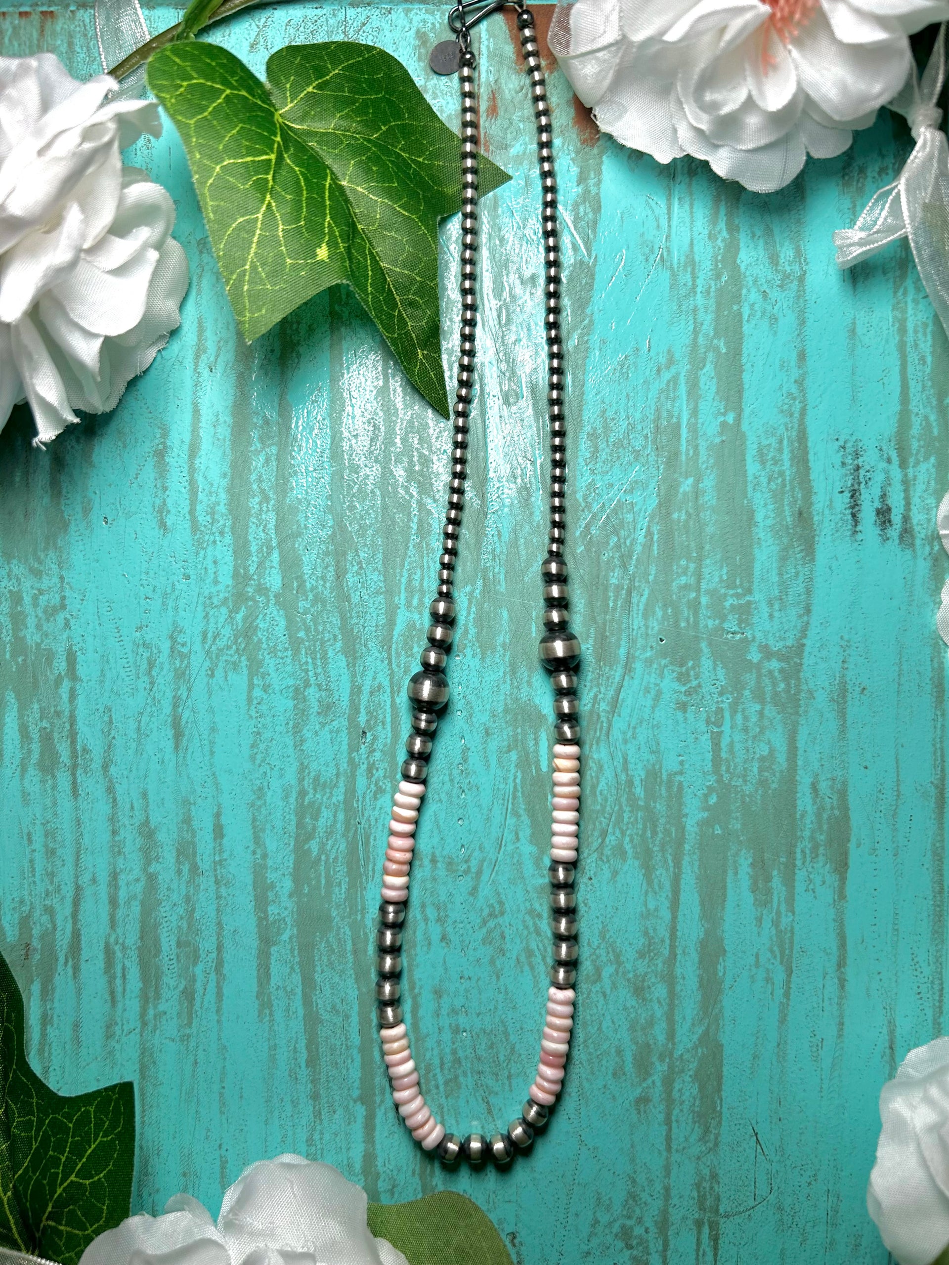 Navajo Made Strung Pink Conch  & Sterling Silver Necklace