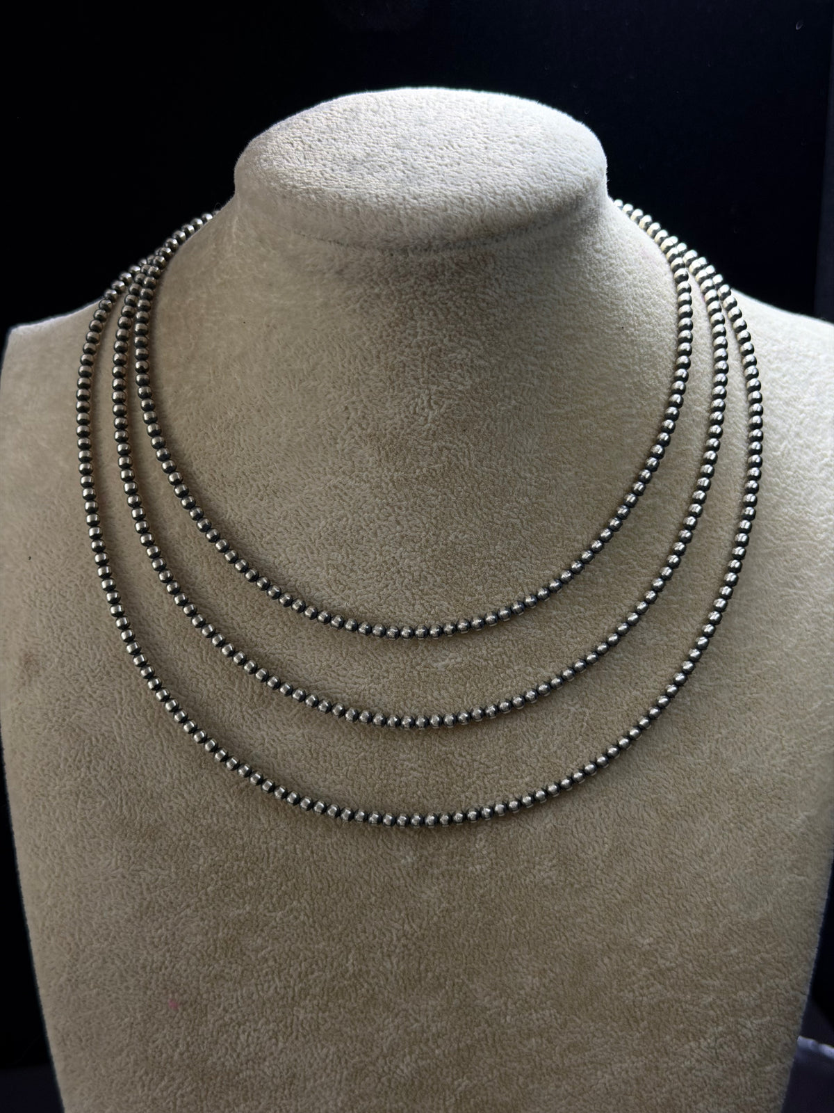 Navajo Strung 3 MM Sterling Silver Machine Made Beaded Pearl 16” Necklace