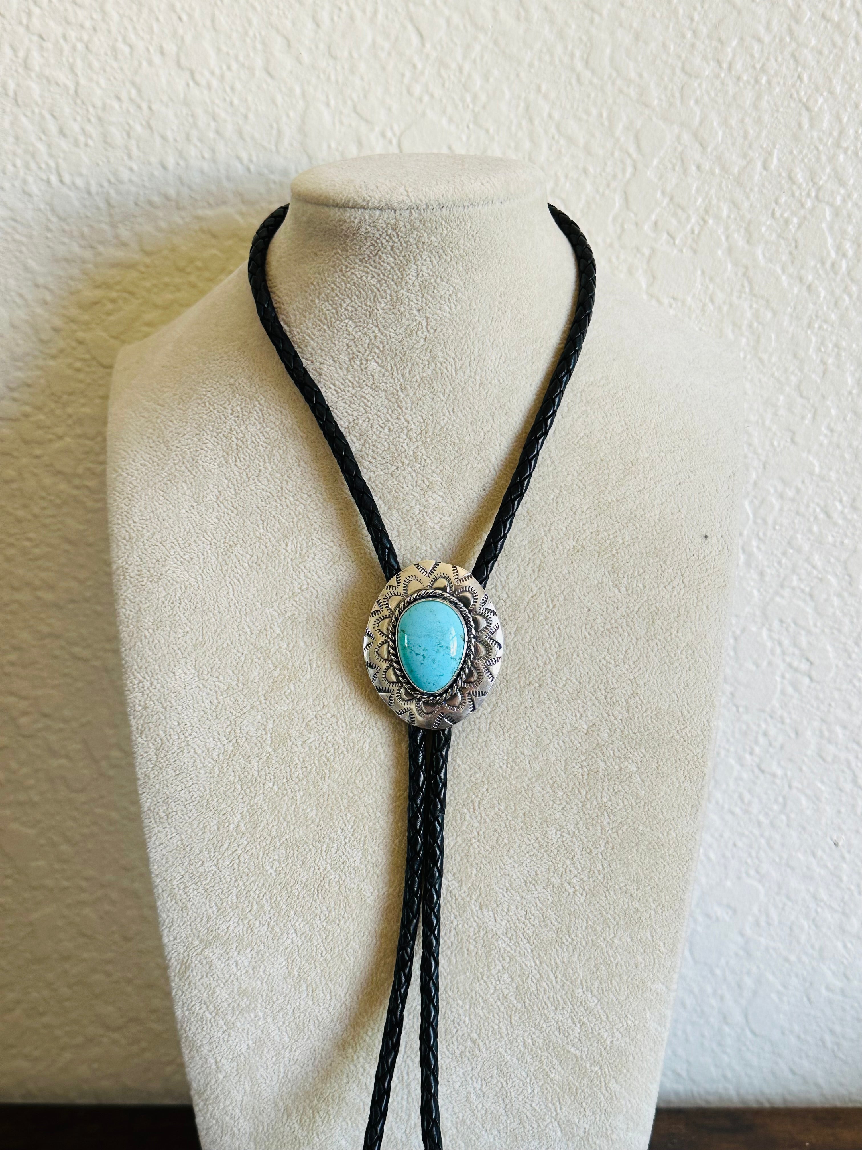 Navajo Made Kingman Turquoise & Sterling Silver Necklace Bolo