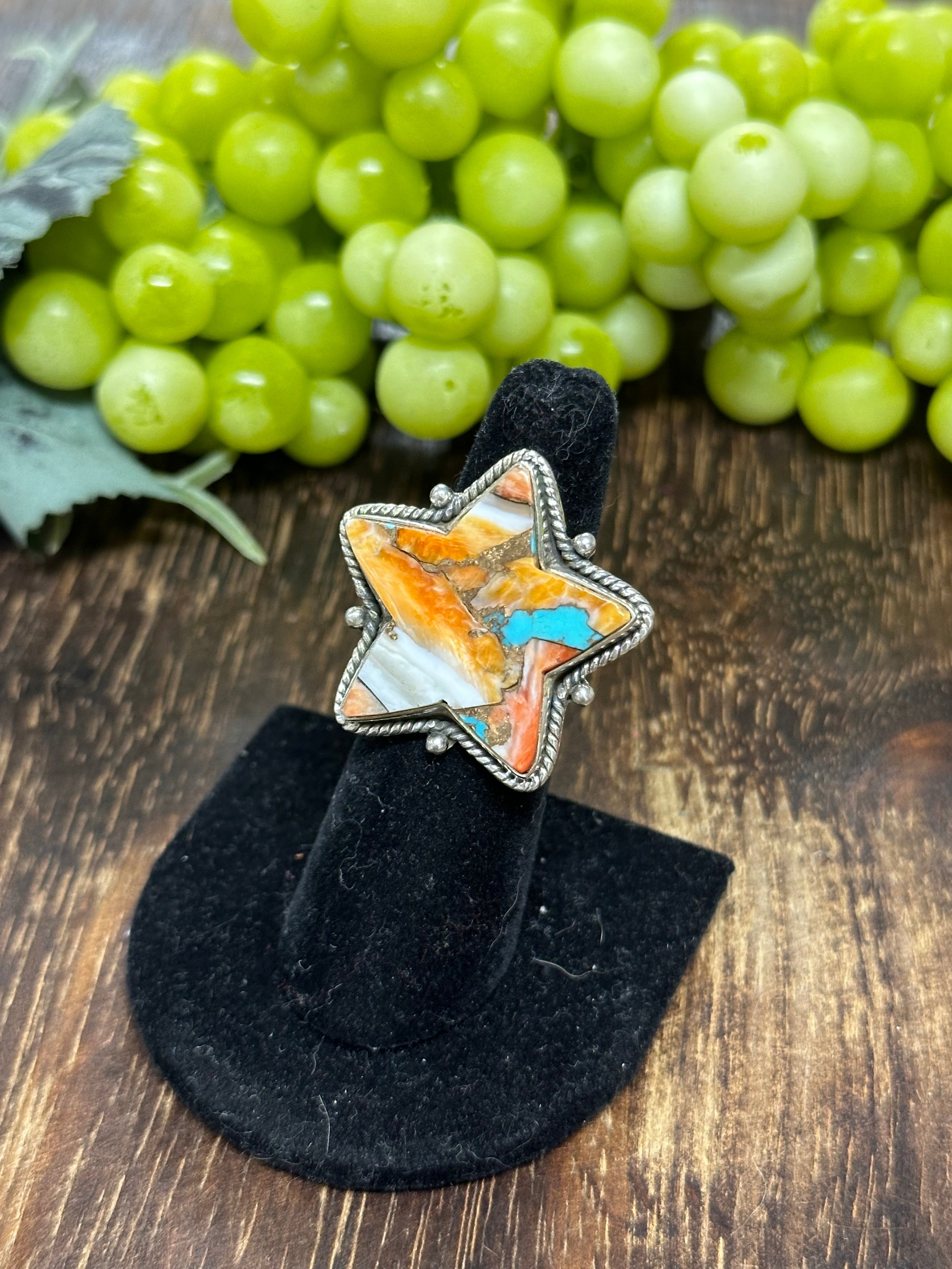 Southwest Handmade Mohave Turquoise & Sterling Silver Adjustable Star Ring