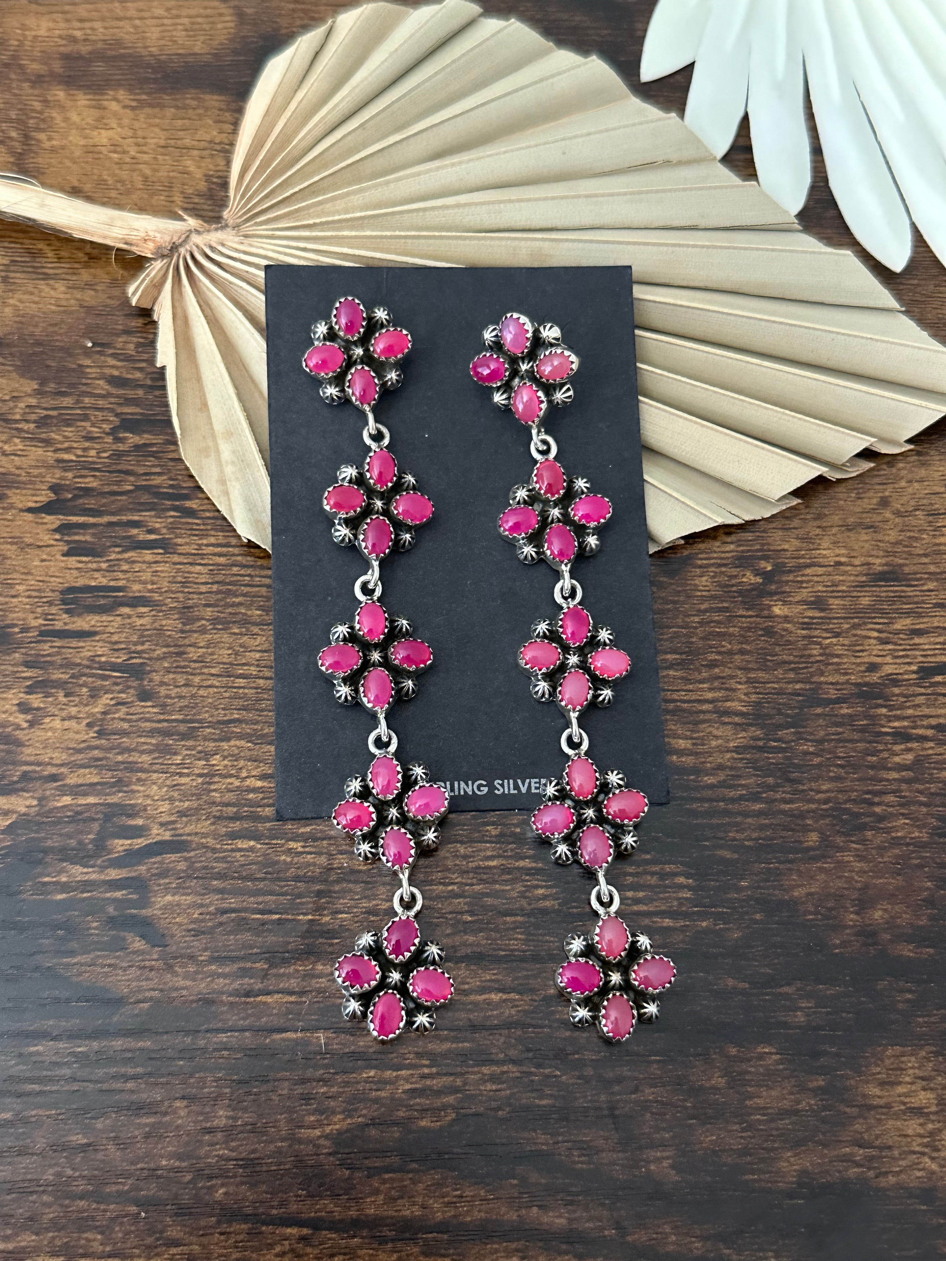 Southwest Handmade Pink Onyx & Sterling Silver Post Dangle Earrings