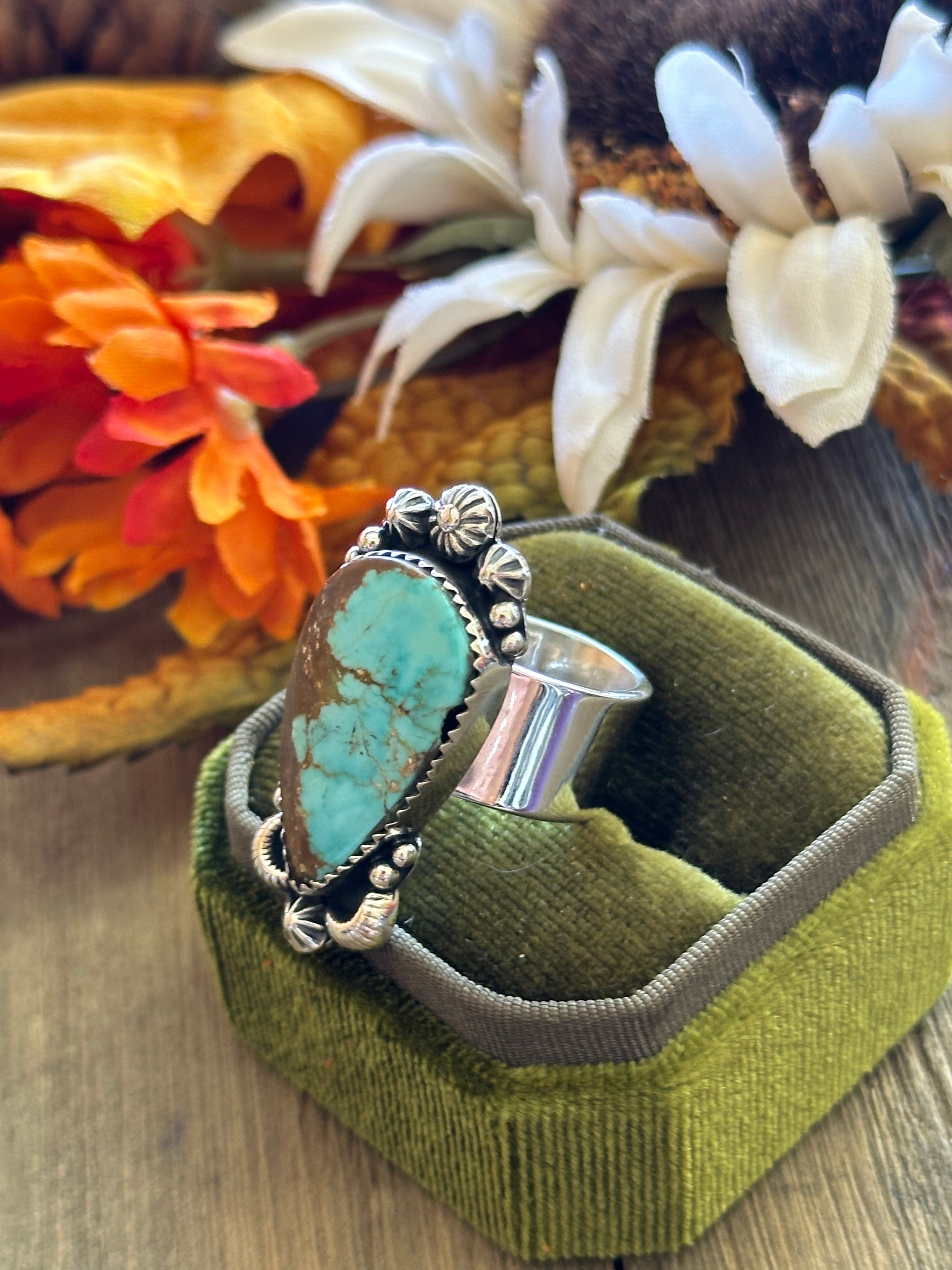 Southwest Handmade #8 Turquoise & Sterling Silver Adjustable Ring