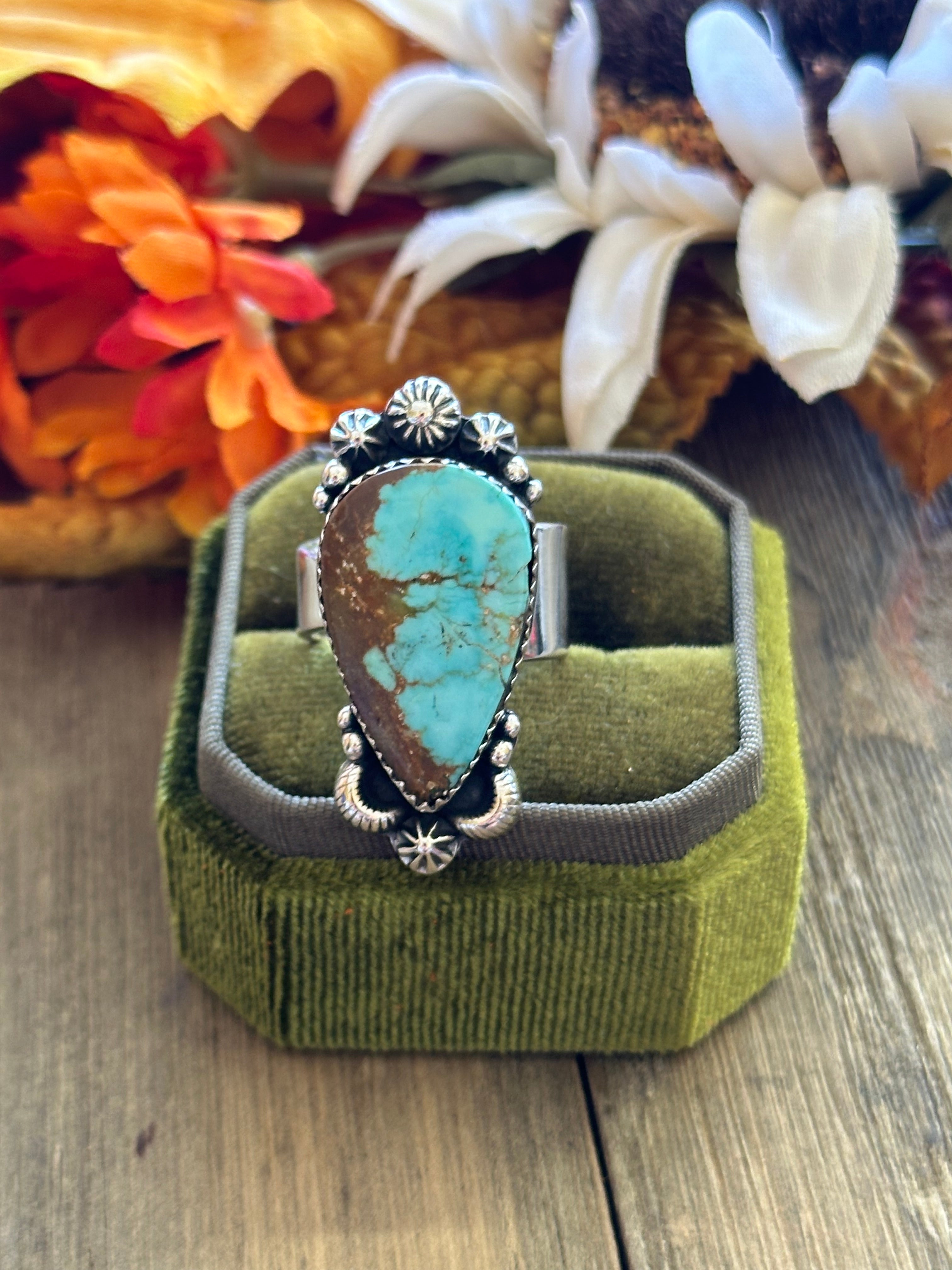 Southwest Handmade #8 Turquoise & Sterling Silver Adjustable Ring