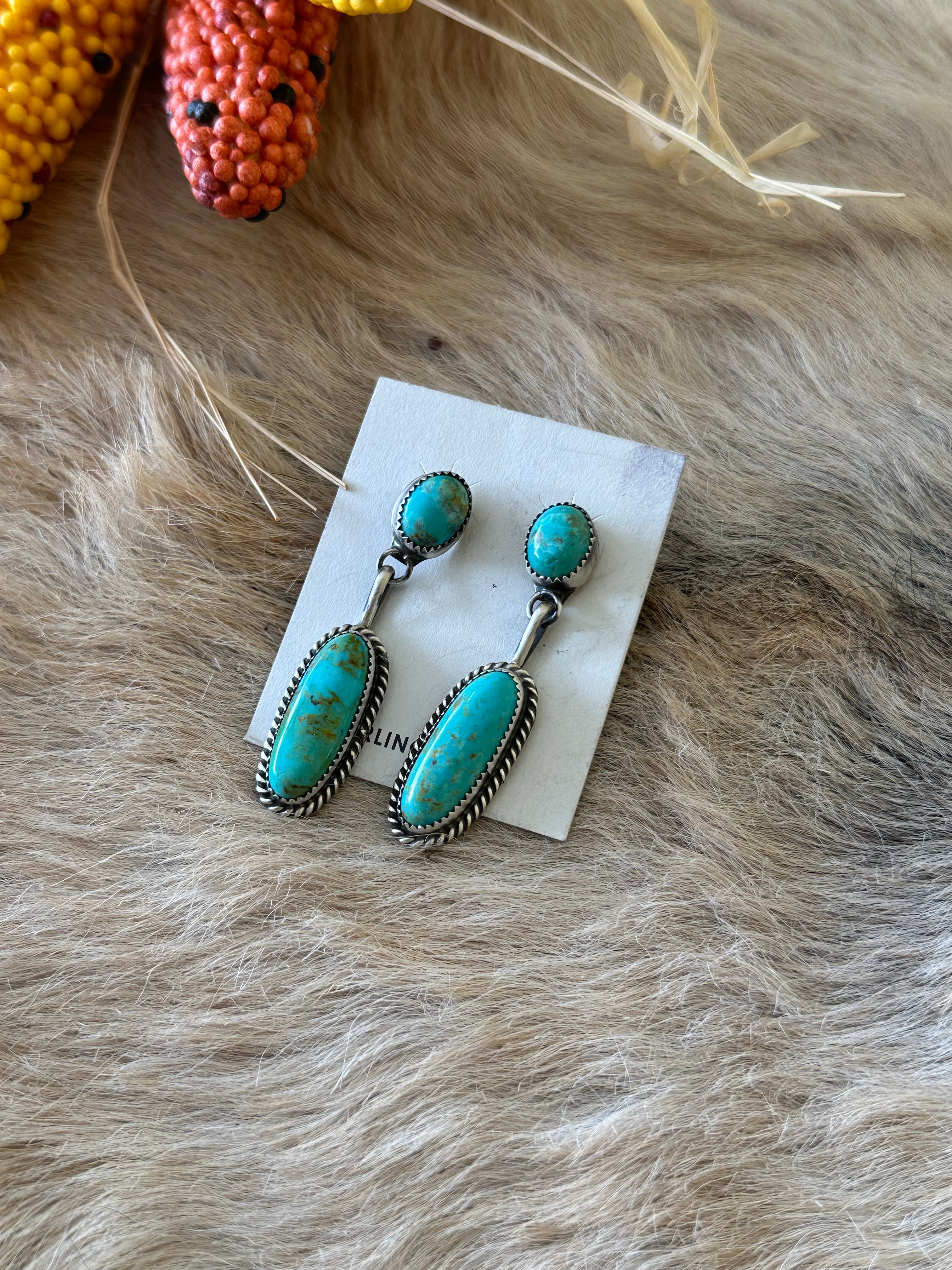 Judith Dixon Kingman Turquoise & Sterling Silver Post Dangle Earrings