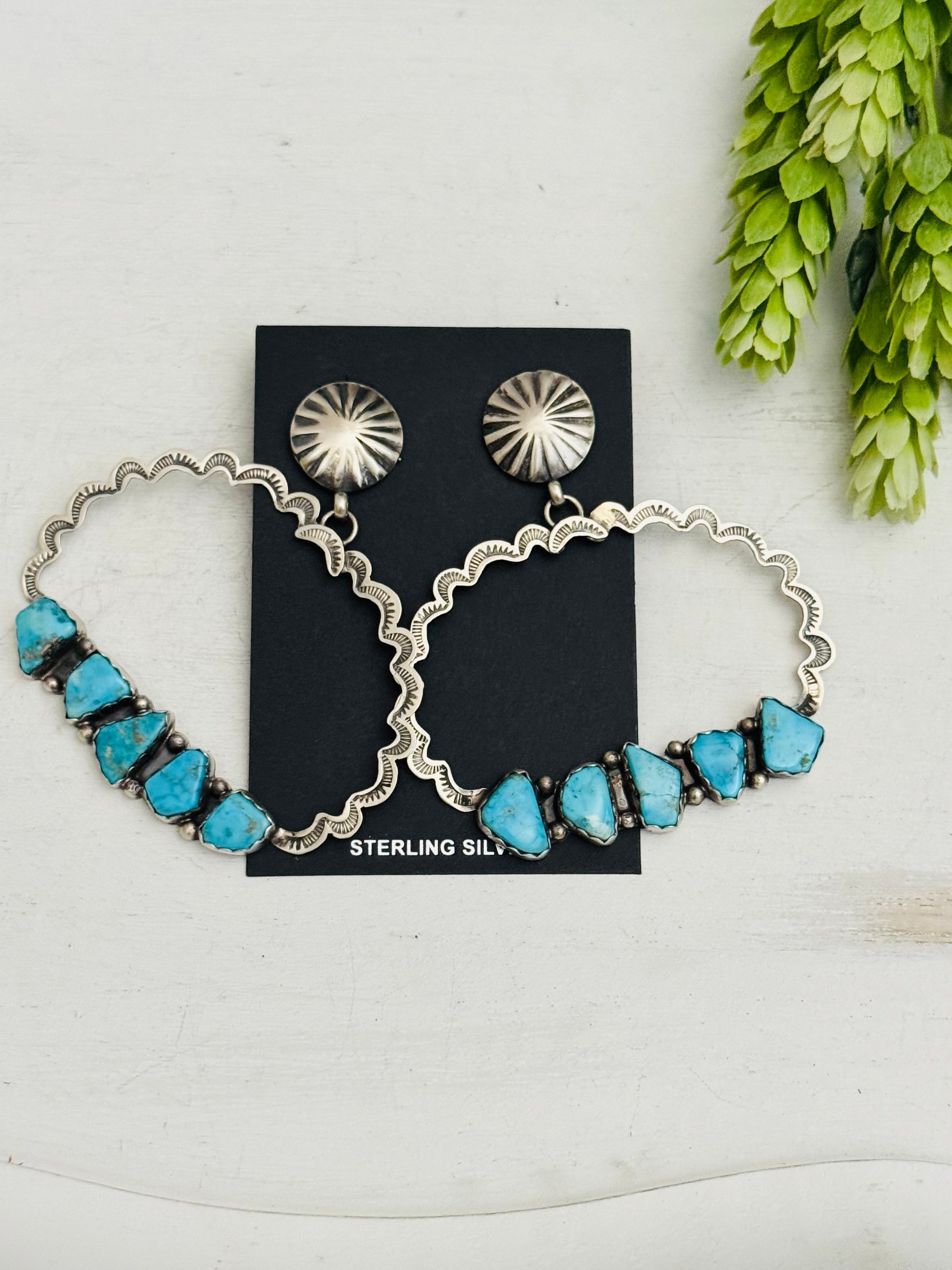 Navajo Made Kingman Turquoise & Sterling Silver Post Dangle Concho Earrings