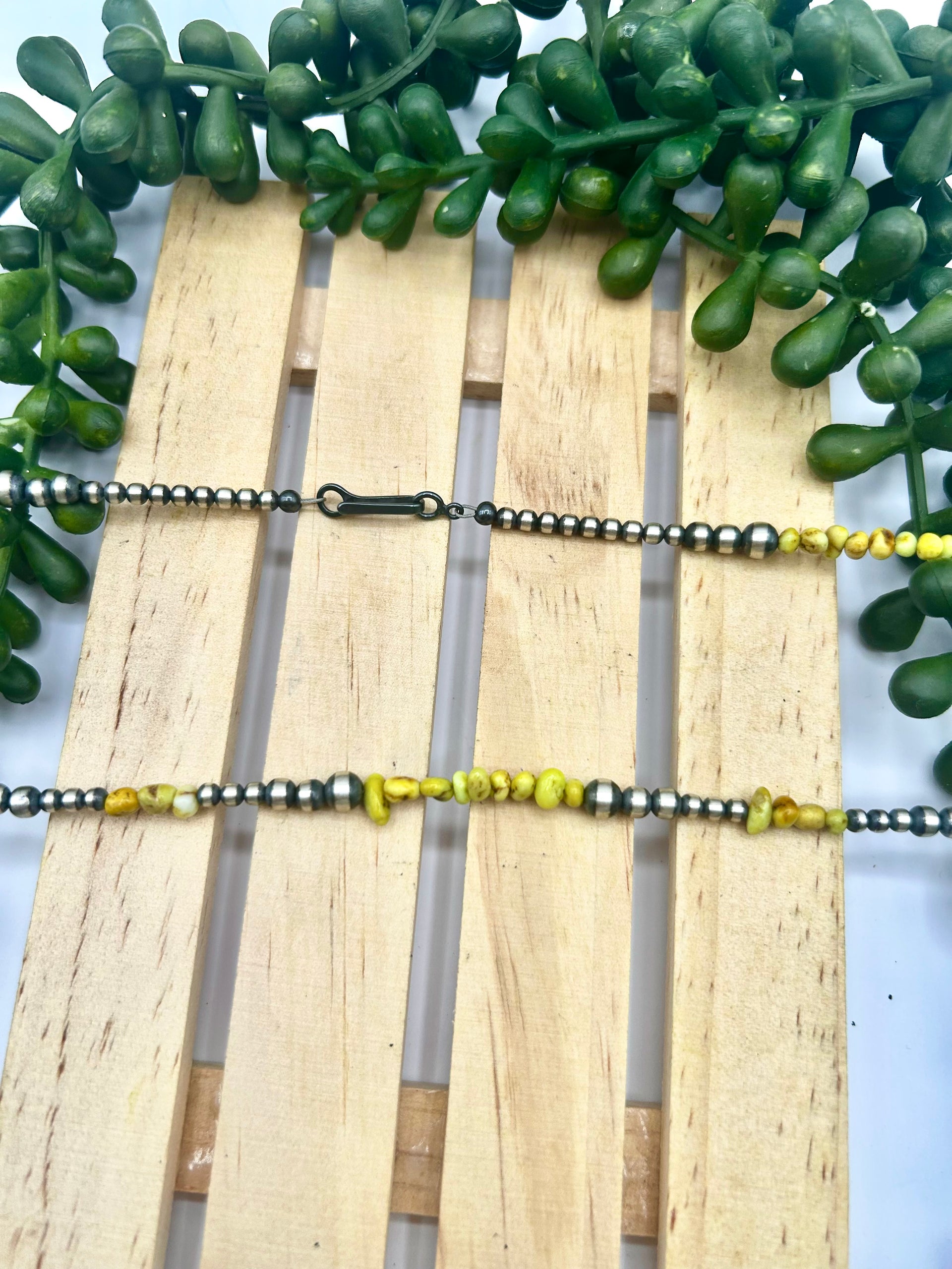 Navajo Made Strung Palomino Variscite & Sterling Silver Necklace