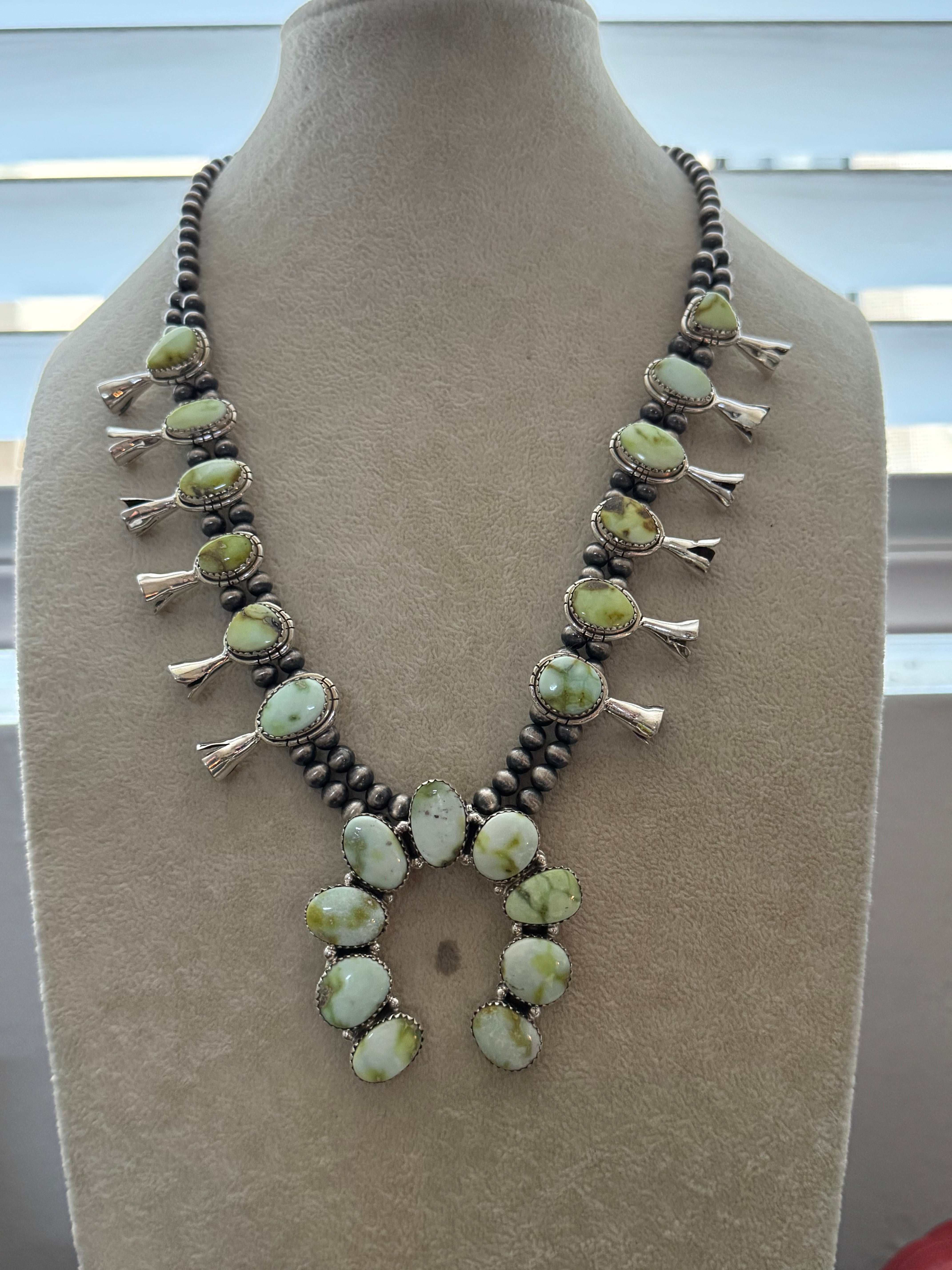 TTD Palomino Variscite & Sterling Silver Squash Blossom Necklace