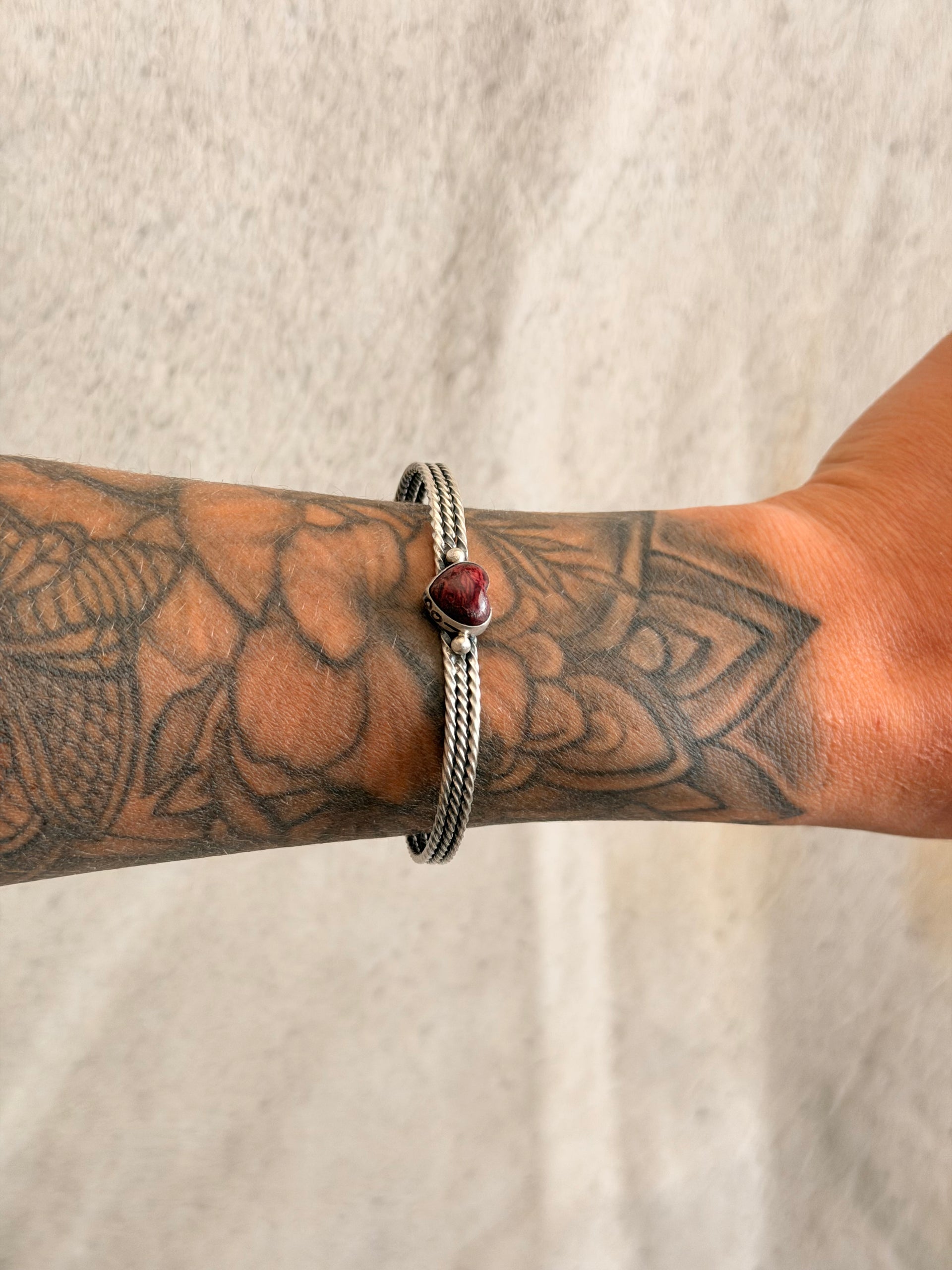 Navajo Made Rose Dahlia & Sterling Silver Heart Cuff Bracelet
