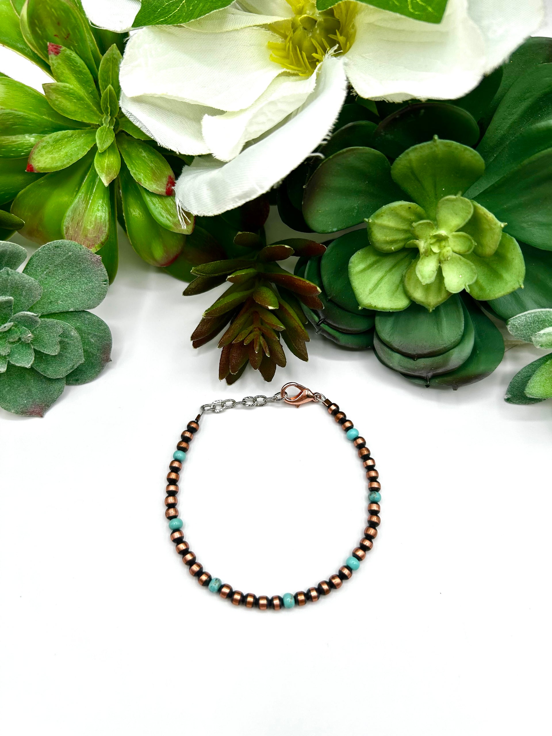 Navajo Made Strung Kingman Turquoise & Copper Link Bracelet