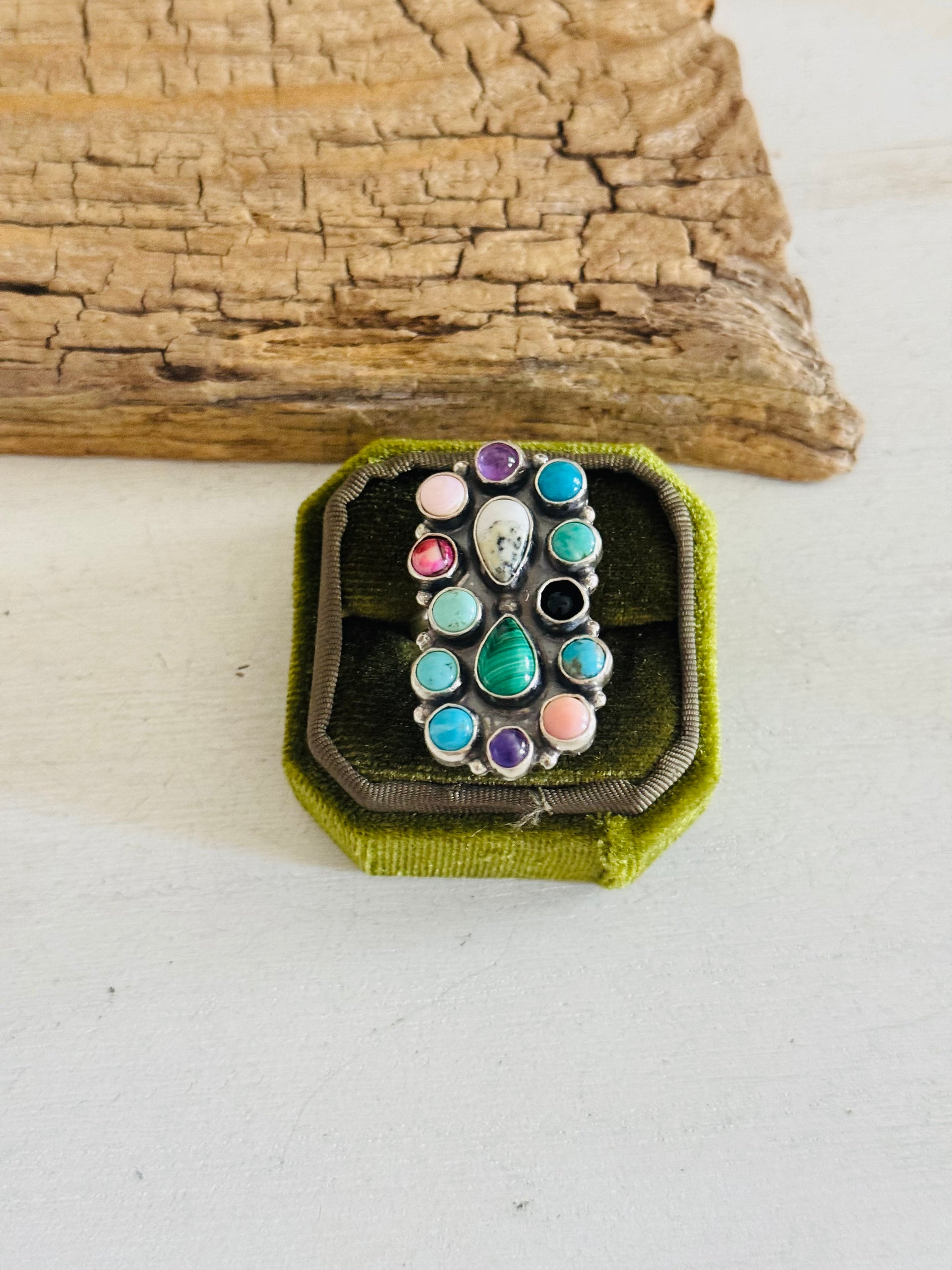 Navajo Made Multi Stone & Sterling Silver Adjustable Ring