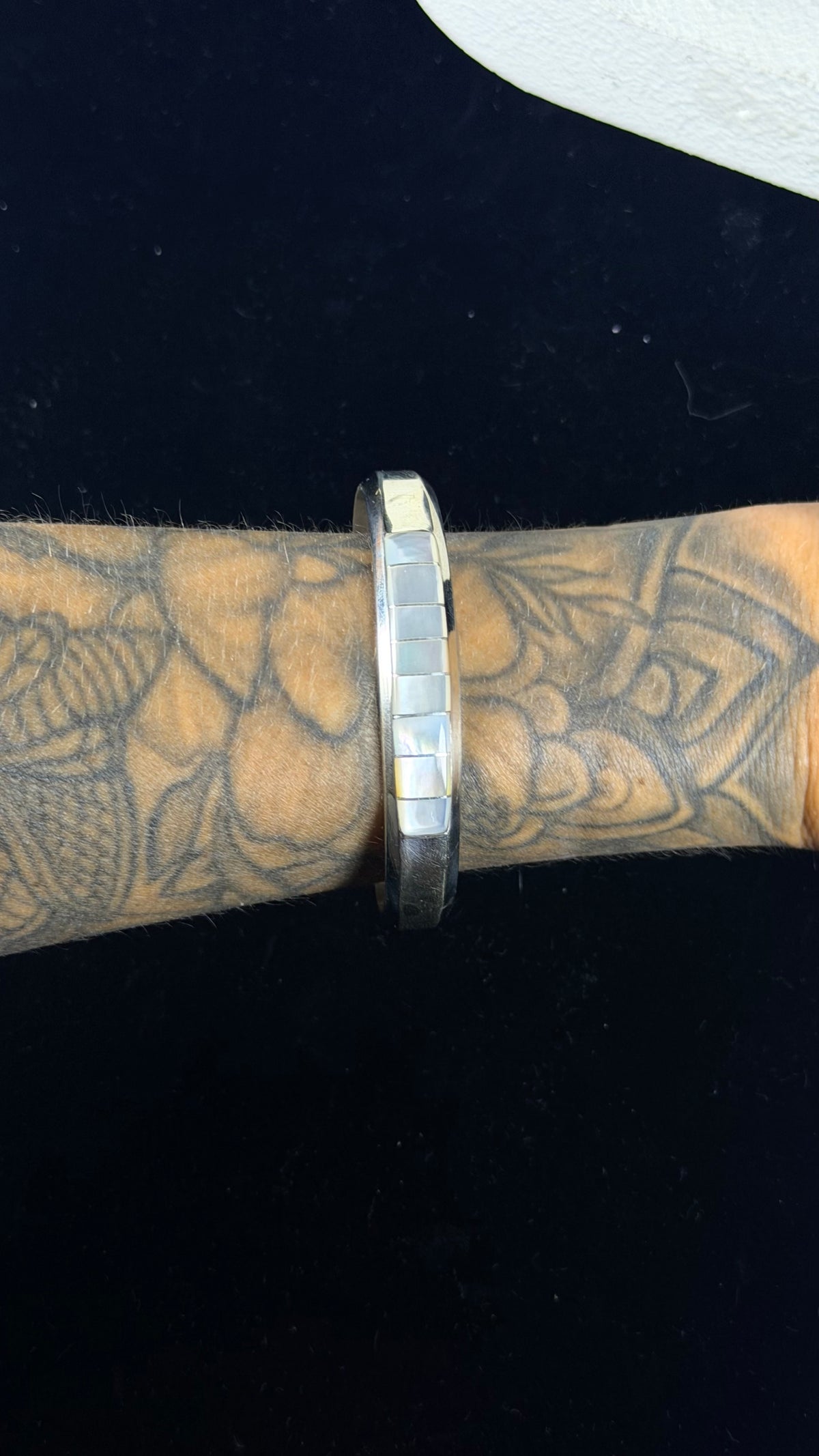 Navajo Made Mother of Pearl & Sterling Silver Inlay Cuff Bracelet