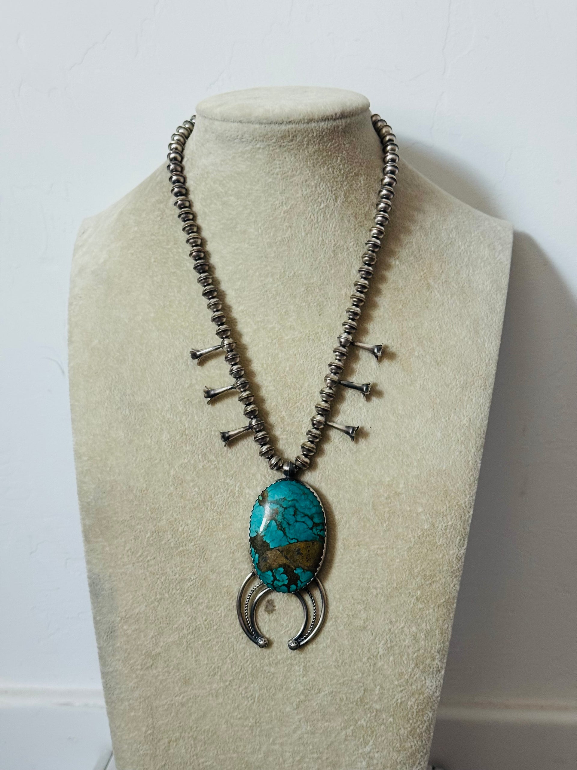 Navajo Made Pilot Mountain Turquoise & Sterling Silver Squash Blossom Necklace