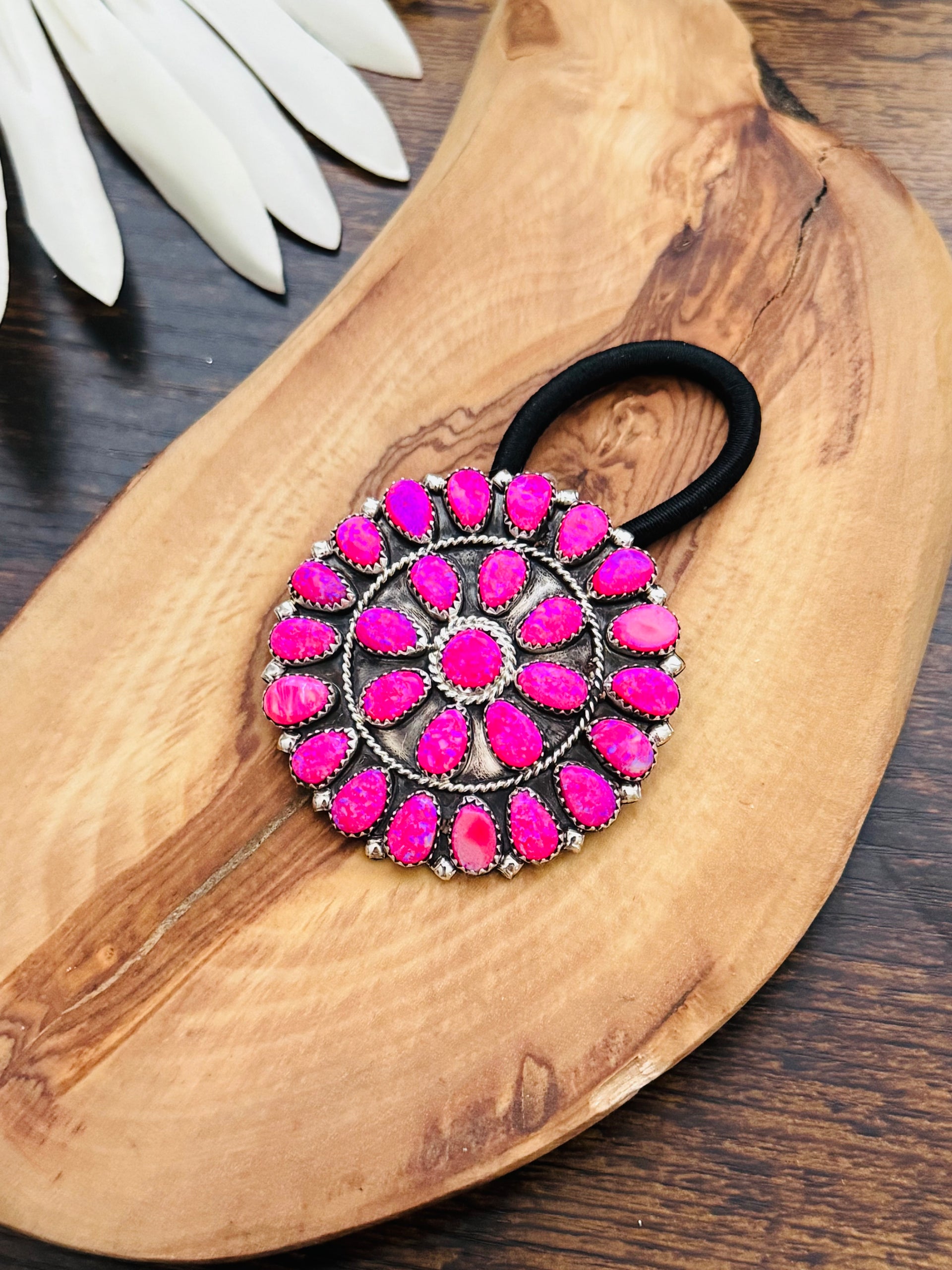 Navajo Made Hot Pink Opal (Man Made) & Sterling Silver Ponytail Holder