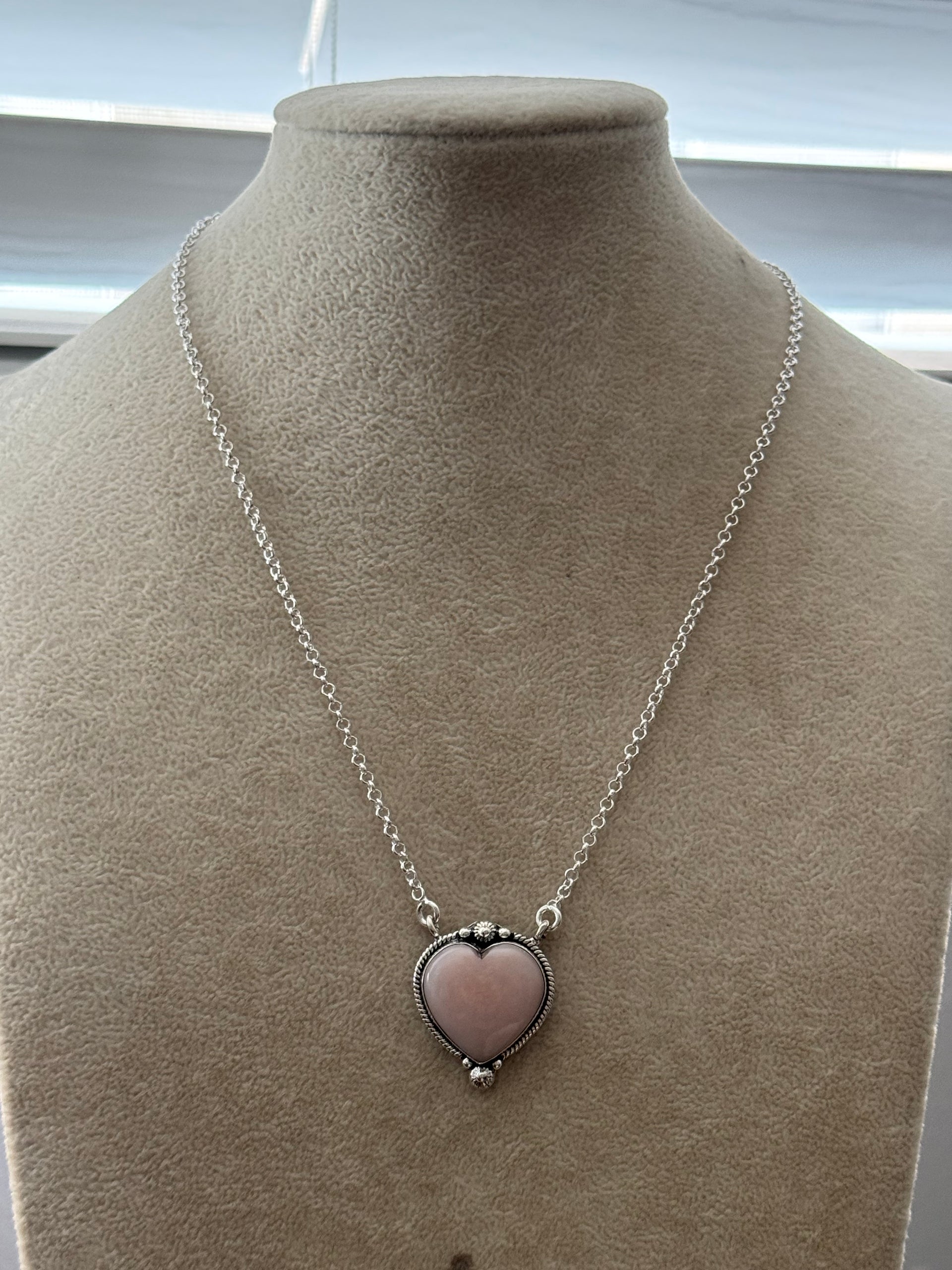 Southwest Handmade Peruvian Pink Opal & Sterling Silver Heart Necklace