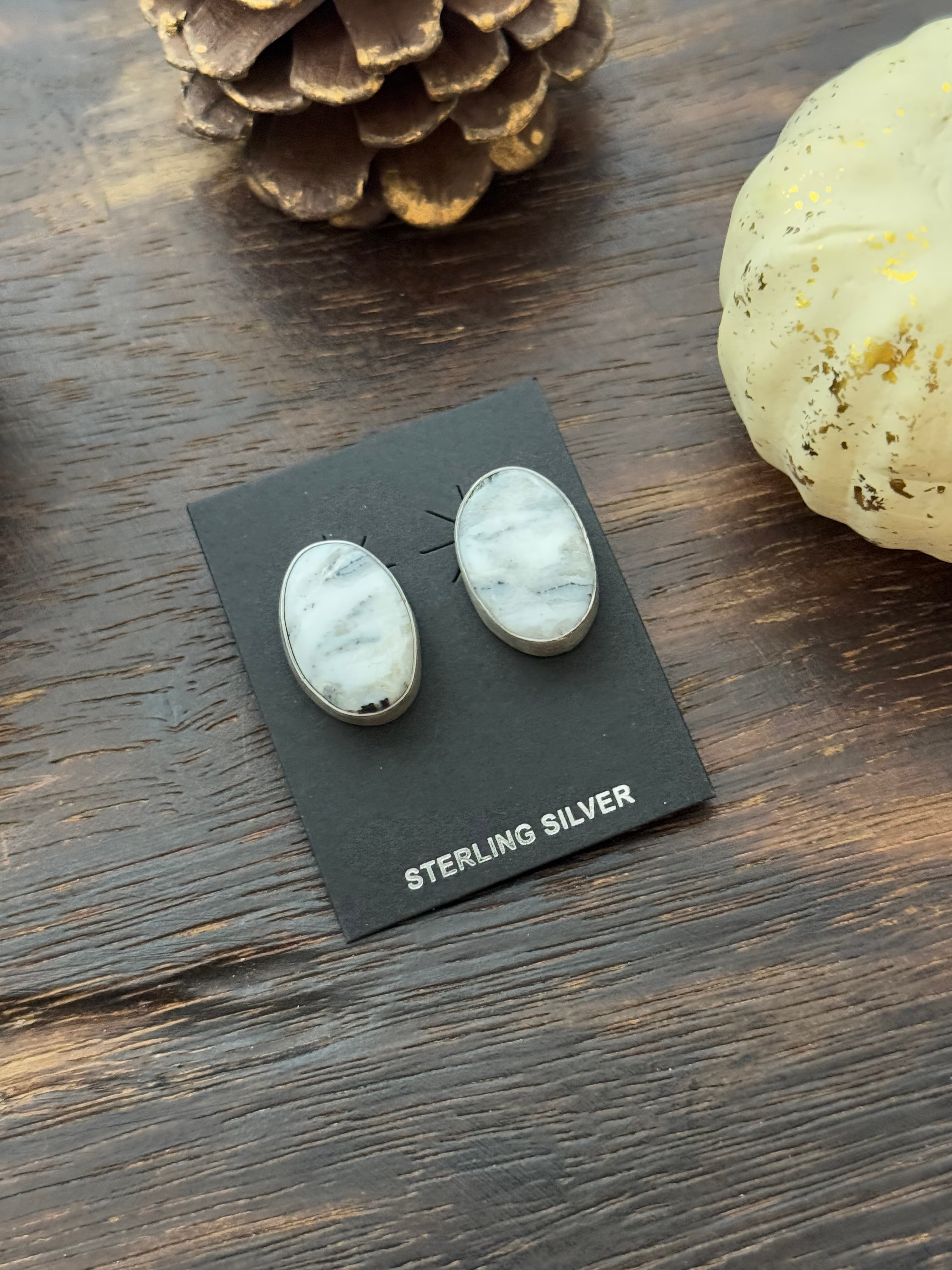 Navajo Made White Buffalo & Sterling Silver Post Earrings