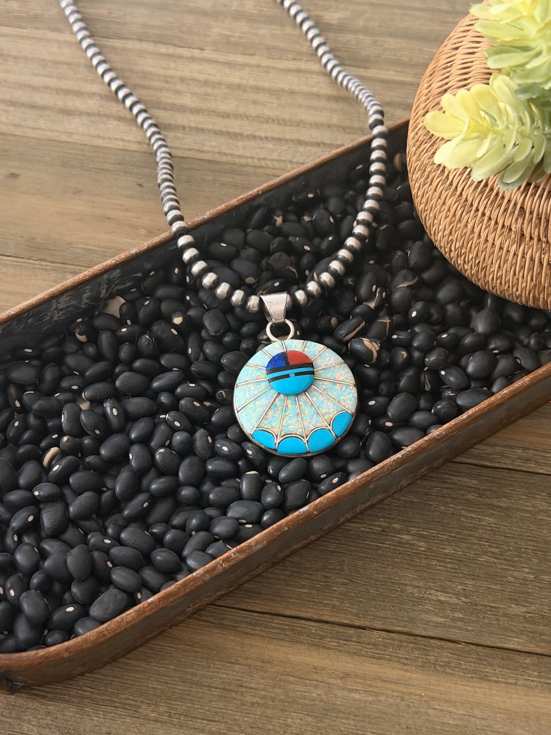 Zuni Made Multi Stone & Sterling Silver Inlay Sunface Pendant