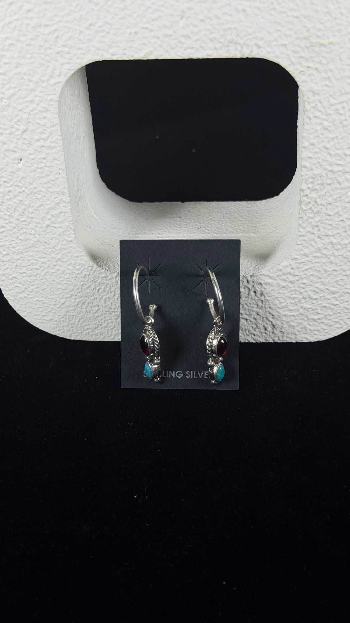 Navajo Made Multi Stone & Sterling Silver Post Dangle Hoop Earrings