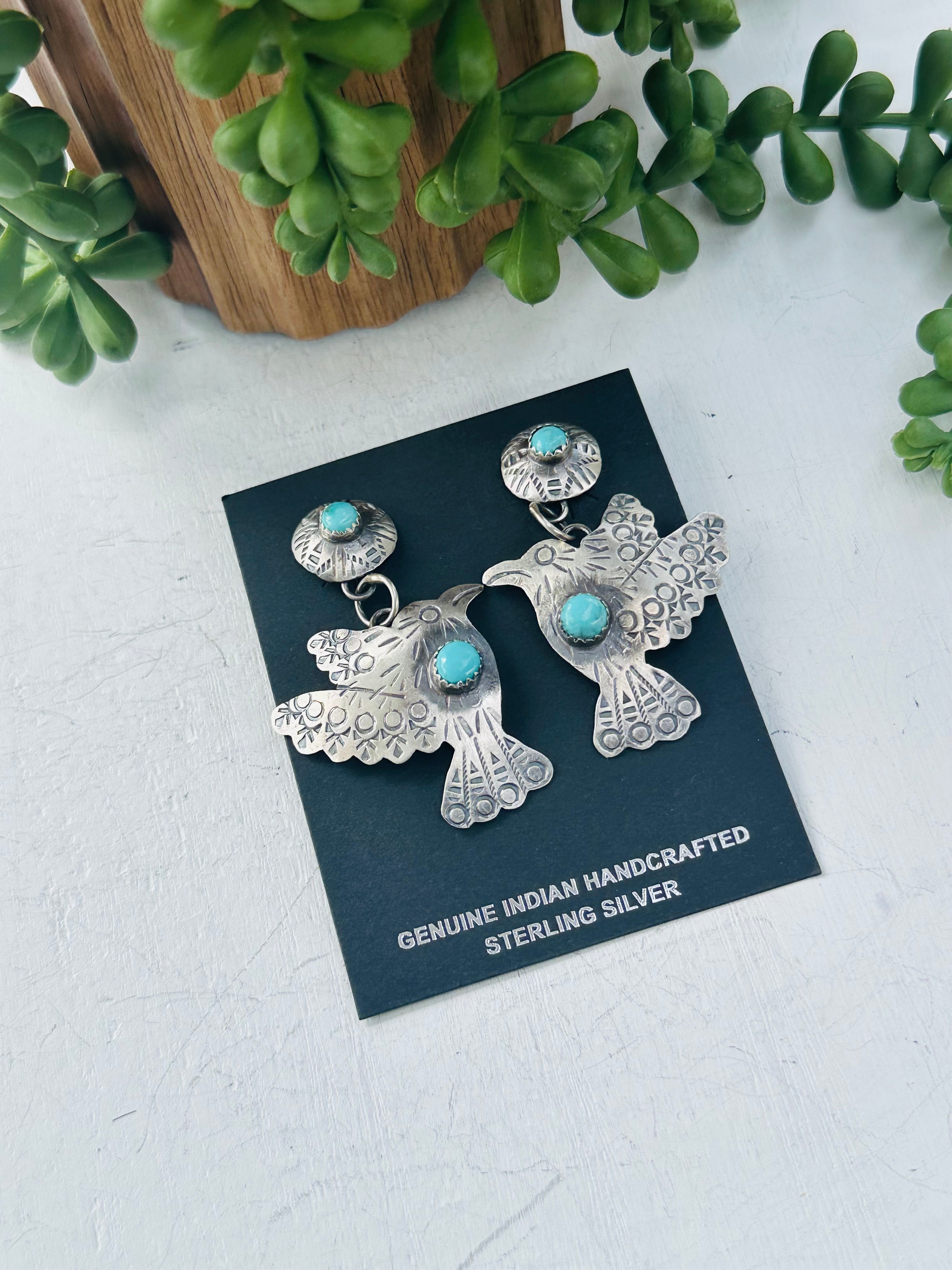 Tonya Yazzie Kingman Turquoise & Sterling Silver Hummingbird Dangle Earrings