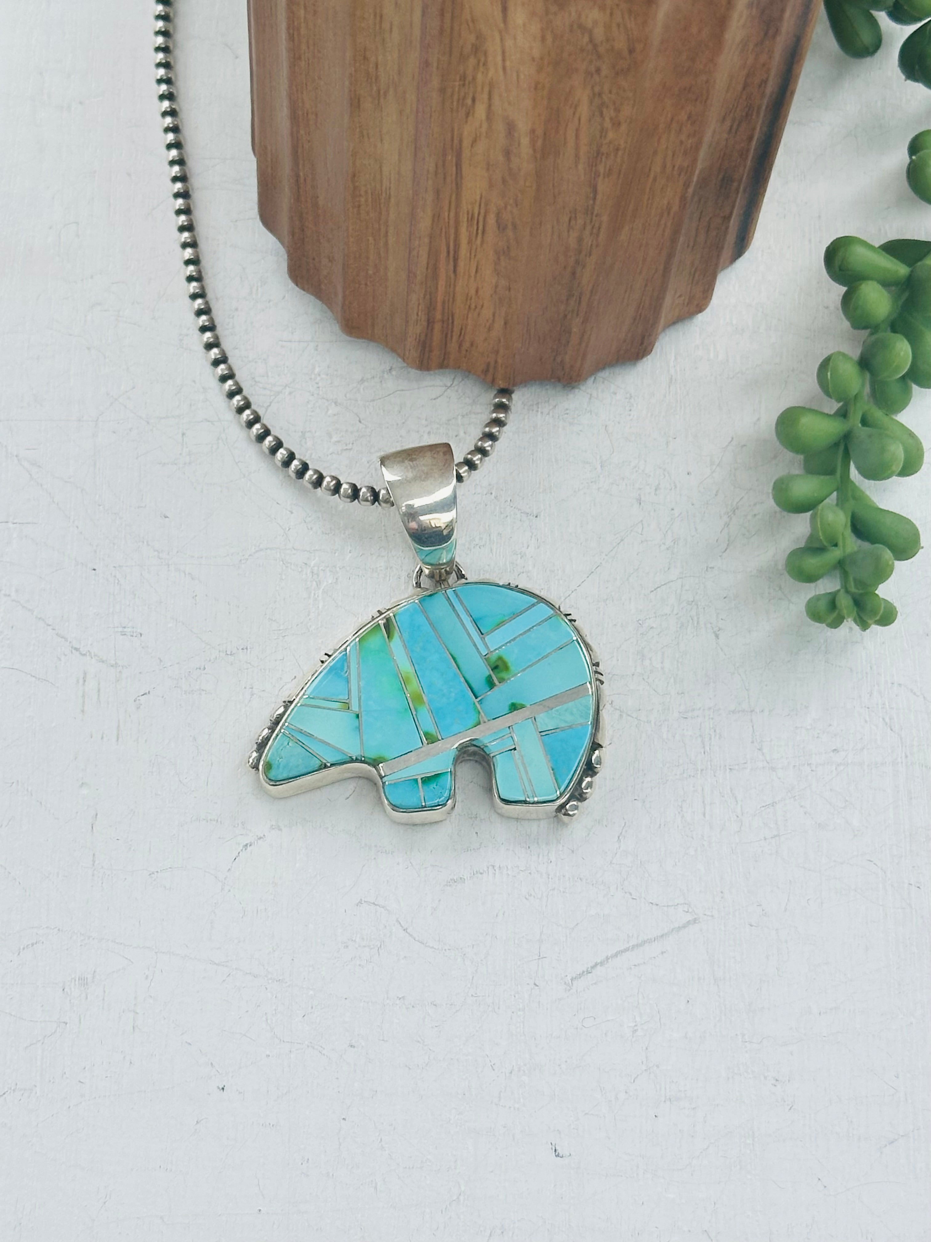 Navajo Made Sonoran Mountain Turquoise & Sterling Silver Inlay Bear Pendant