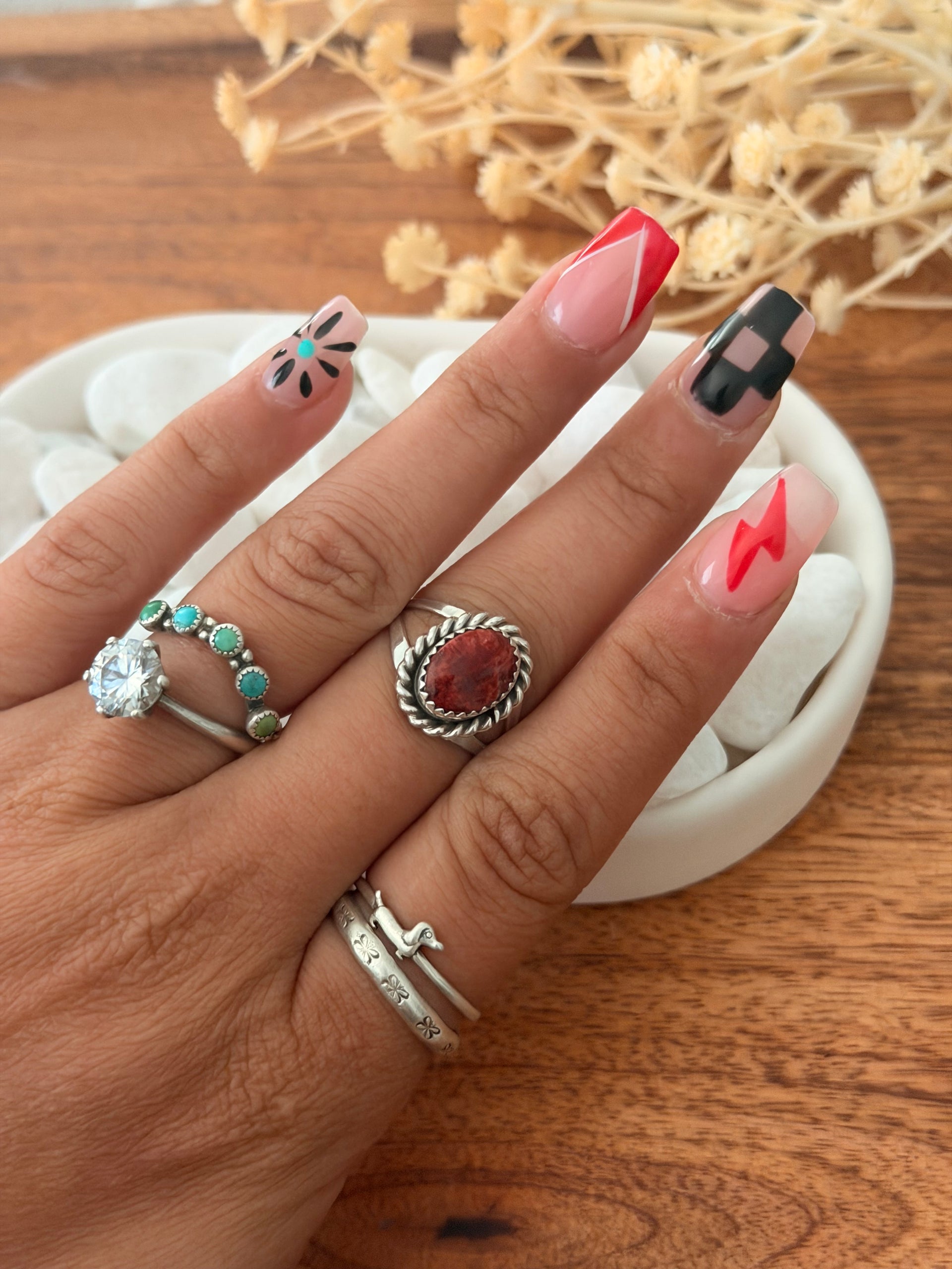 Navajo Made Spiny Oyster & Sterling Silver Ring Size 8.25