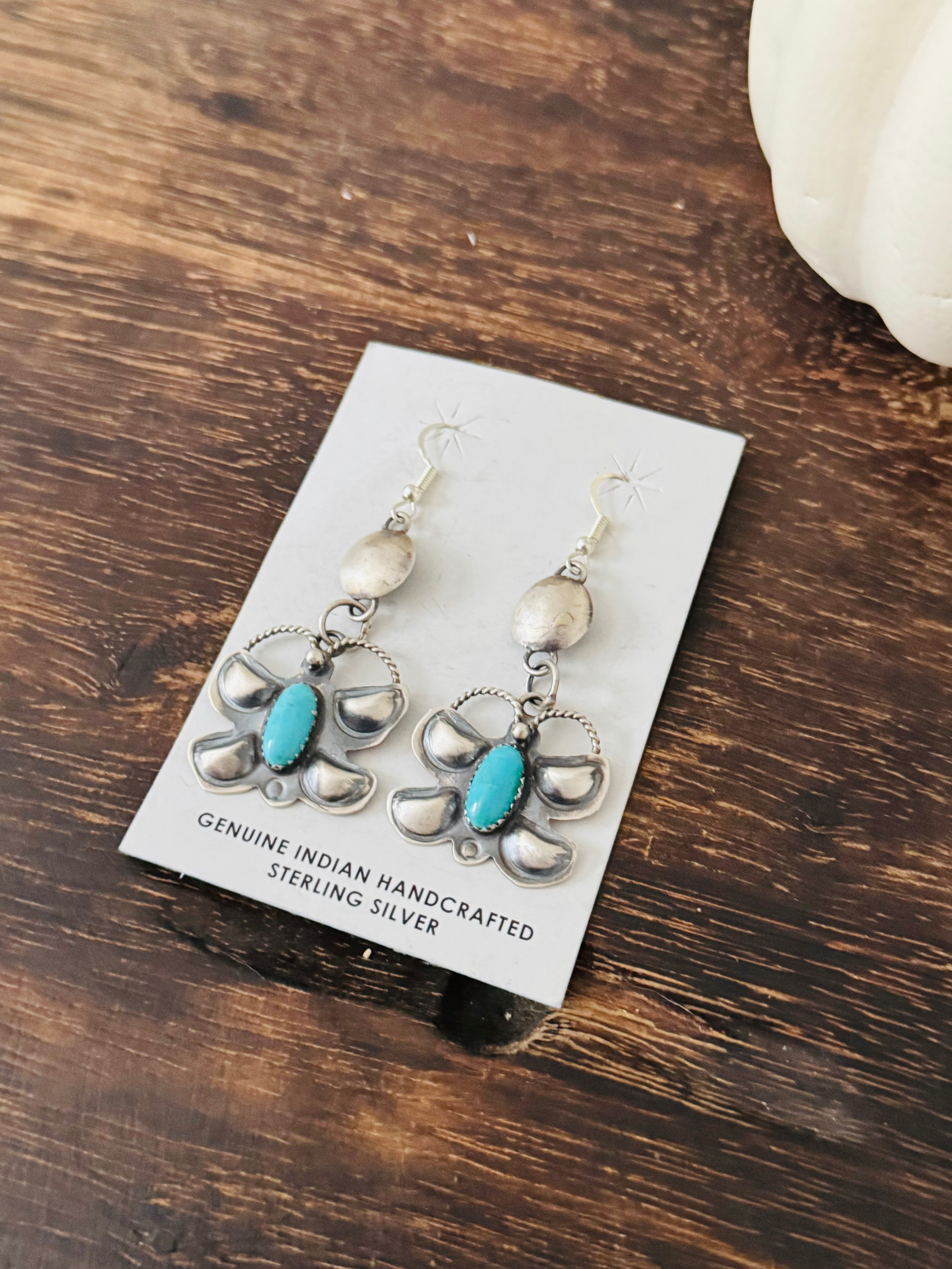 Tonya Yazzie Kingman Turquoise & Sterling Silver Butterfly Dangle Earrings