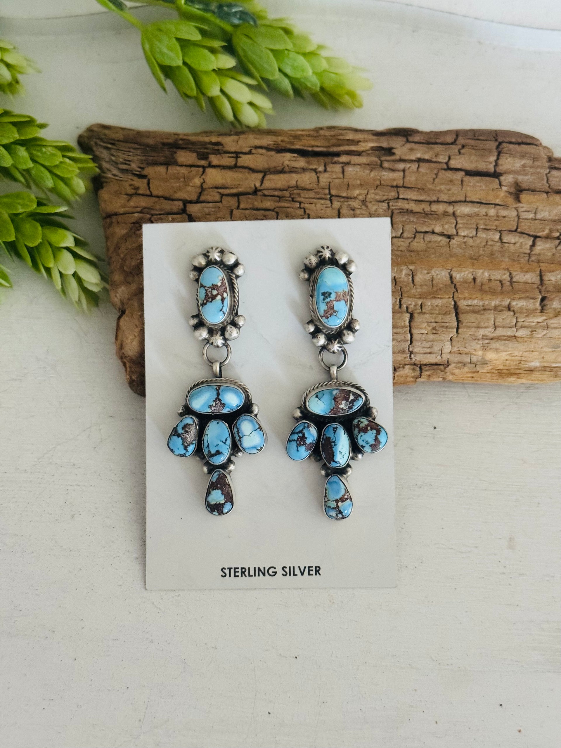 Amos Jake Golden Hills Turquoise & Sterling Silver Post Dangle Cluster Earrings