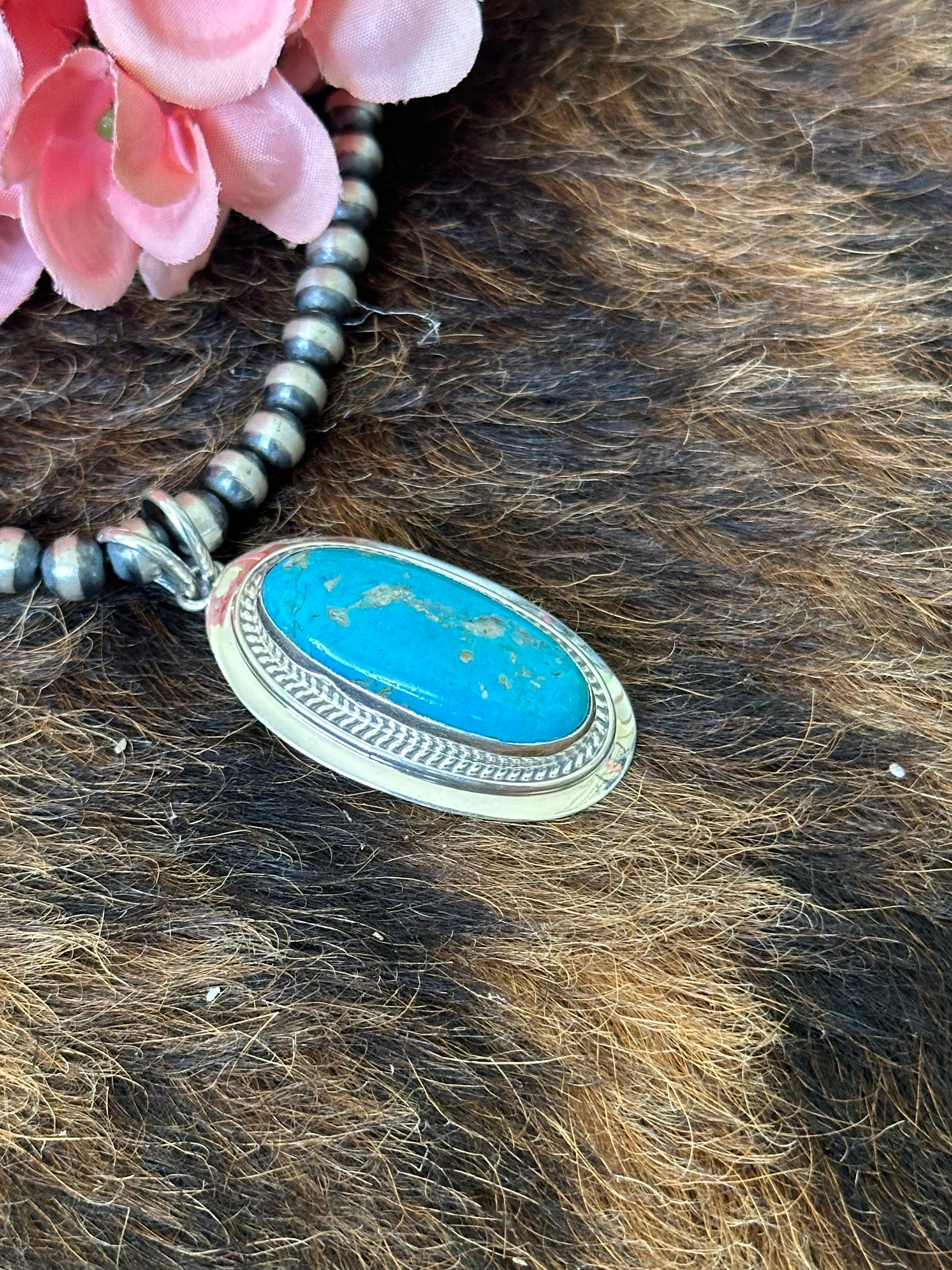 Navajo Made Kingman Turquoise & Sterling Silver Pendant