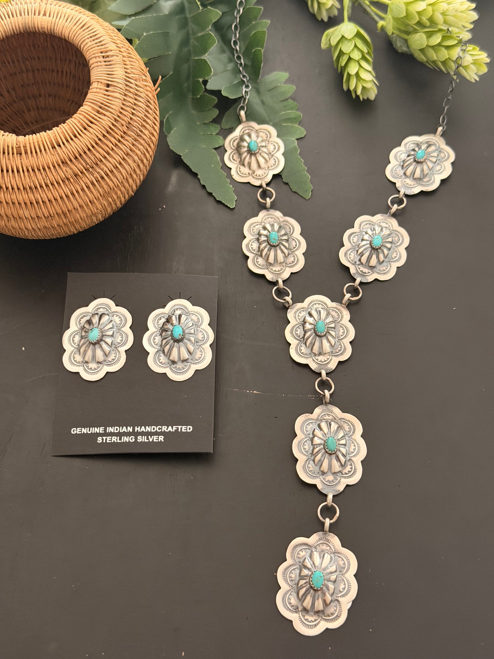 Lavina Benally Kingman Turquoise & Sterling Silver Concho Necklace Set
