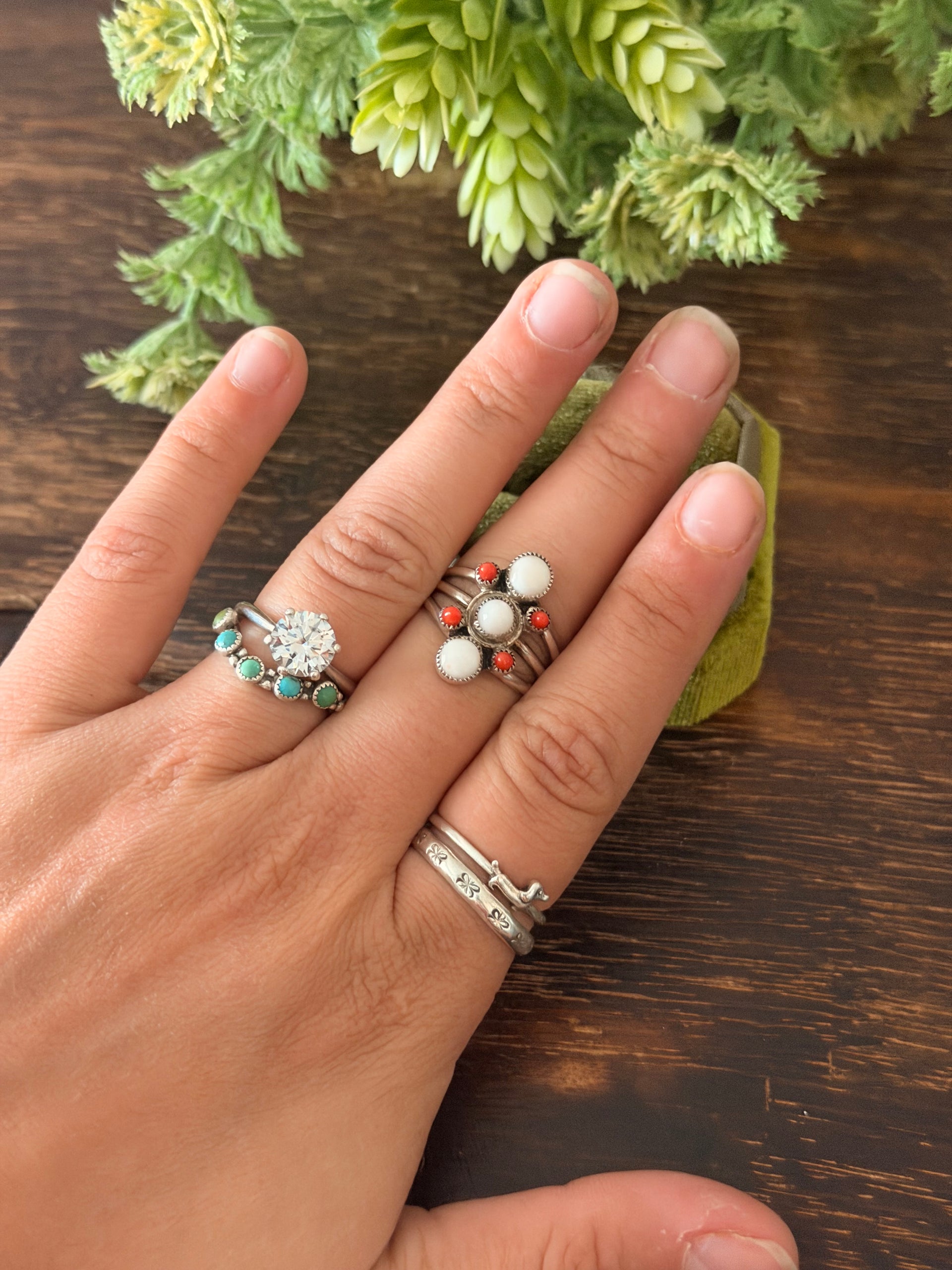 Navajo Made Multi Stone & Sterling Silver Cluster Ring Size 8