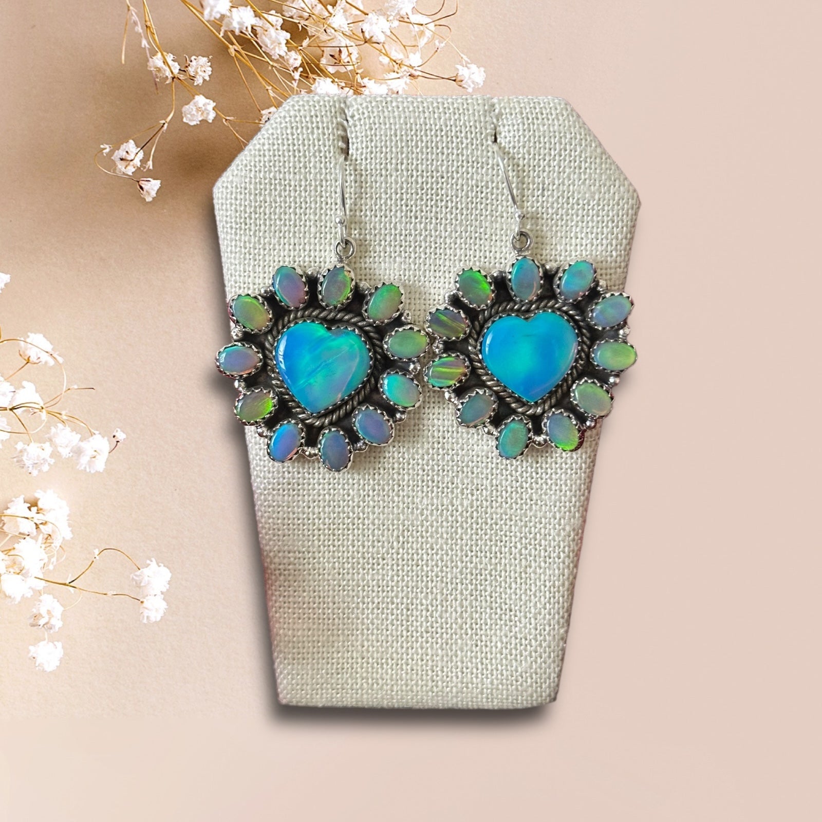 Southwest Handmade Opal & Sterling Silver Dangle Cluster Heart Earrings