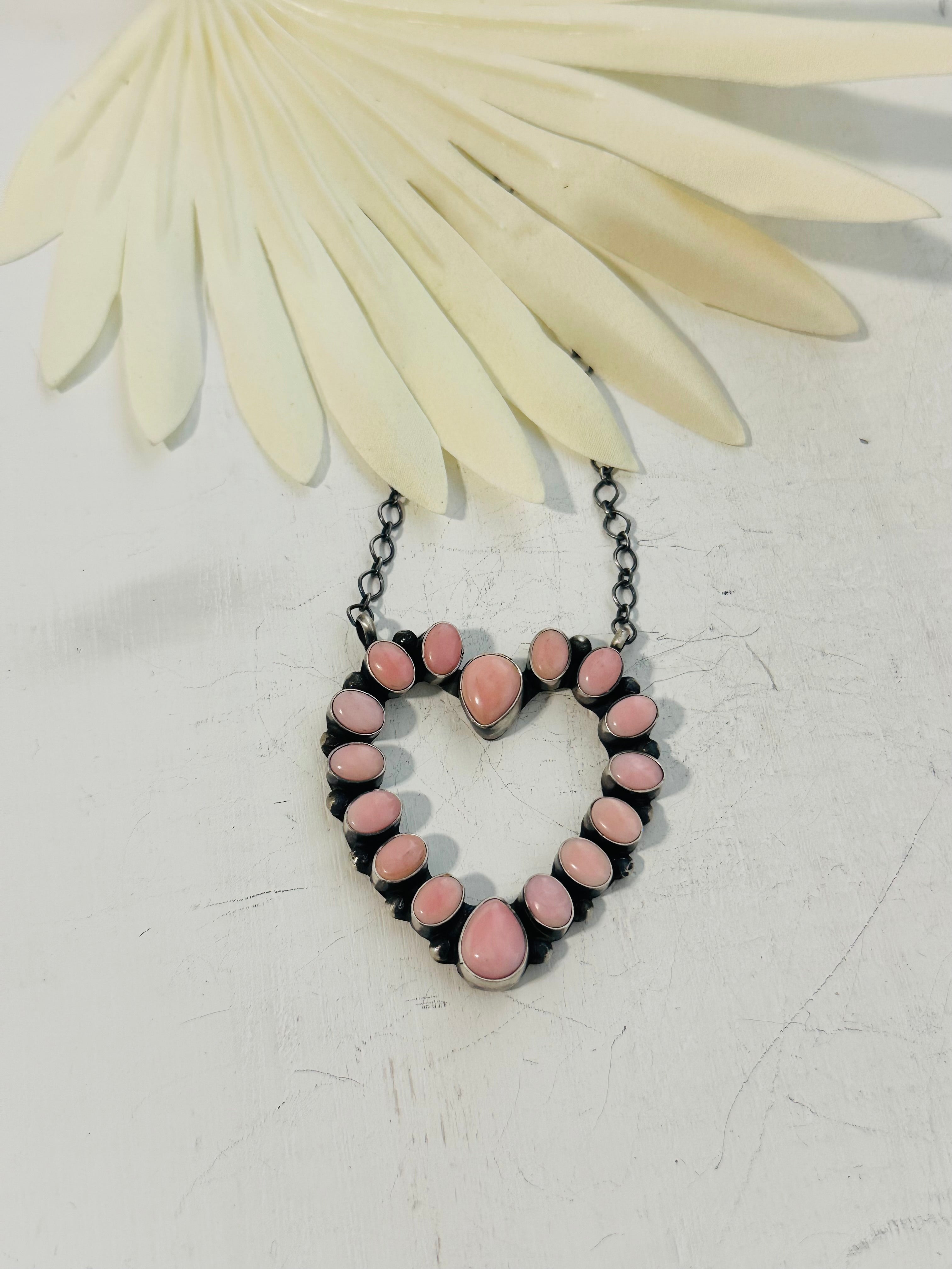 Navajo Made Pink Conch & Sterling Silver Heart Necklace