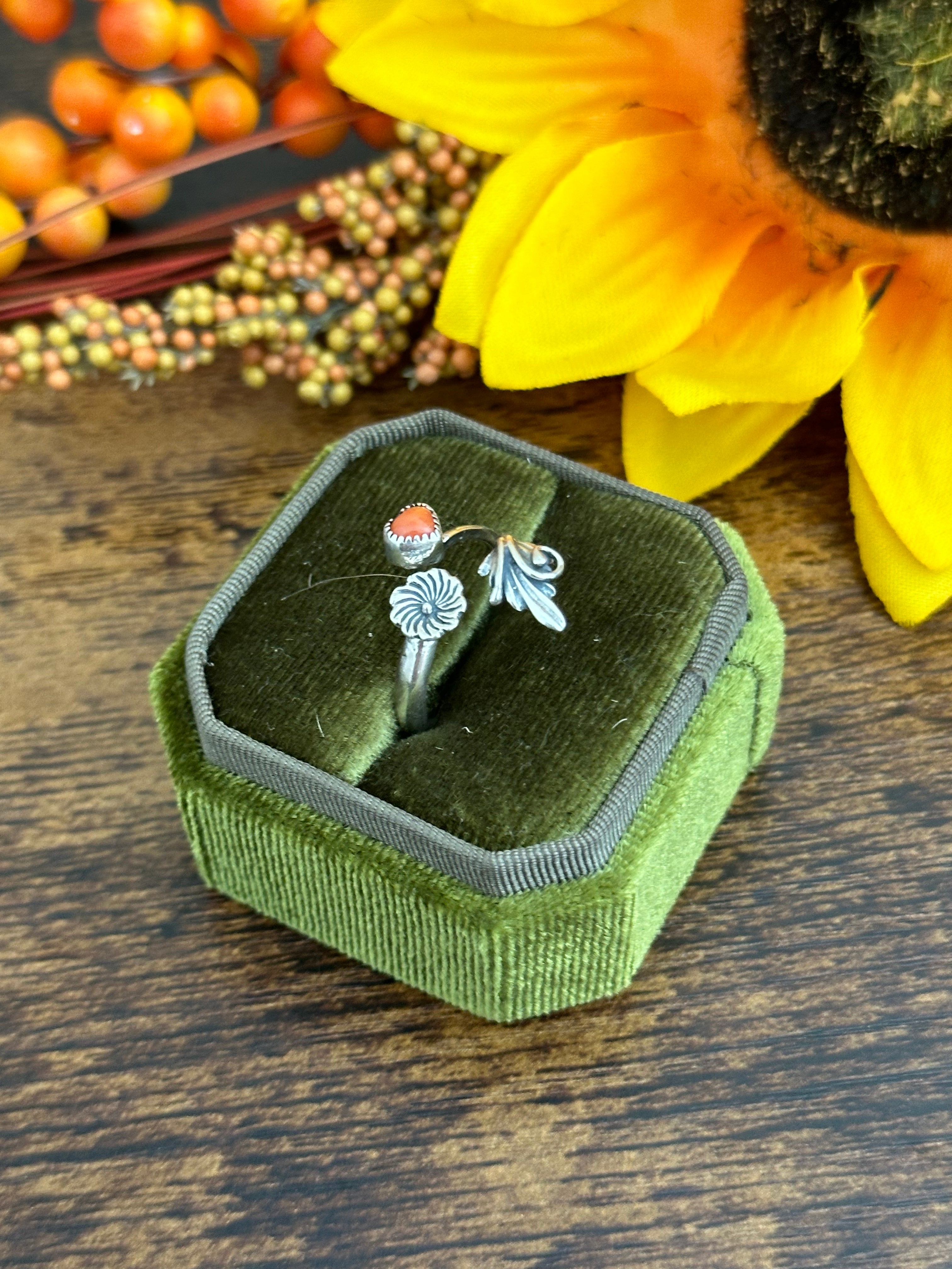 Navajo Made Red Coral & Sterling Silver Adjustable Ring