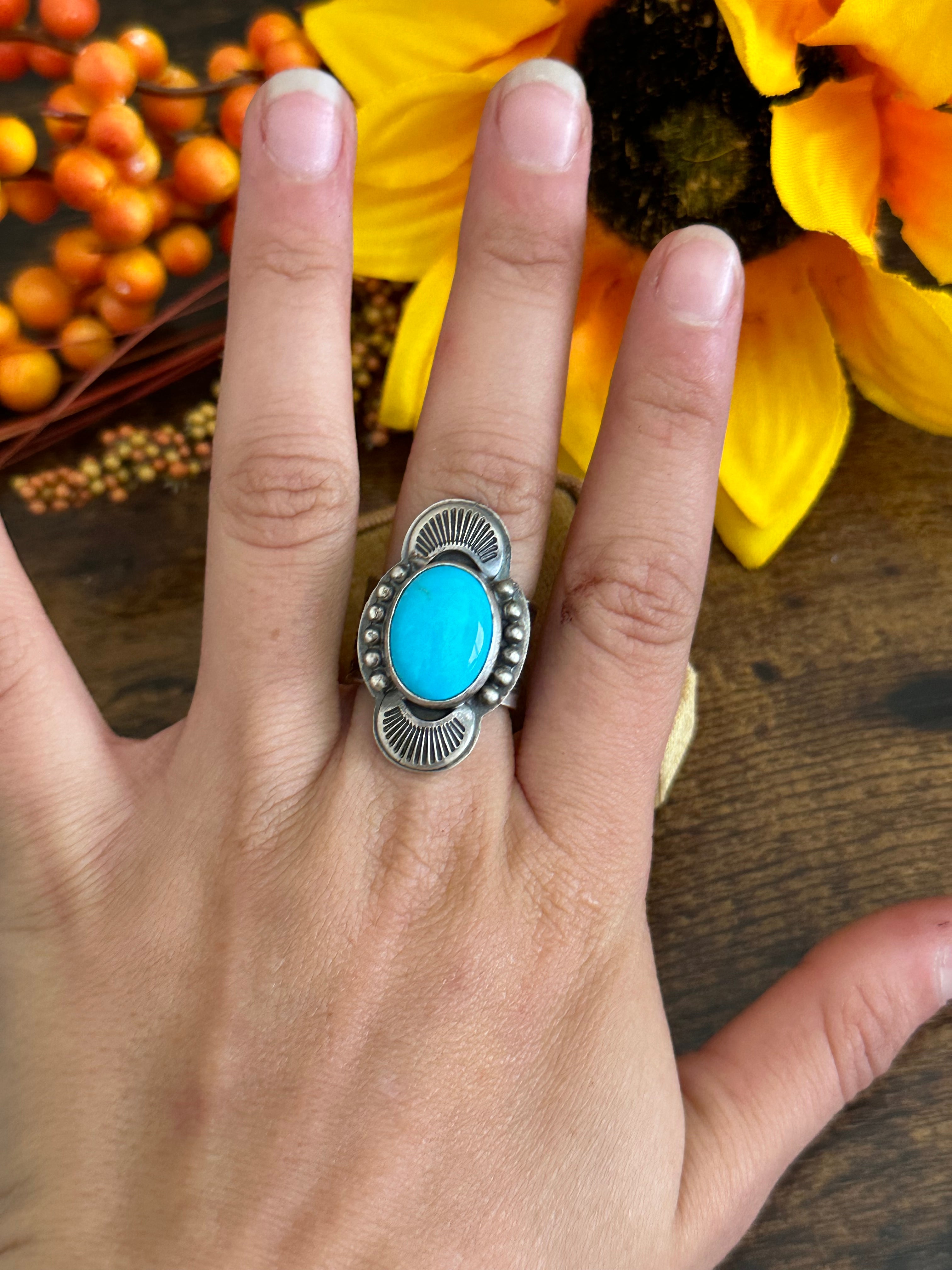 Tony Yazzie Sleeping Beauty Turquoise & Sterling Silver Ring Size 7.5