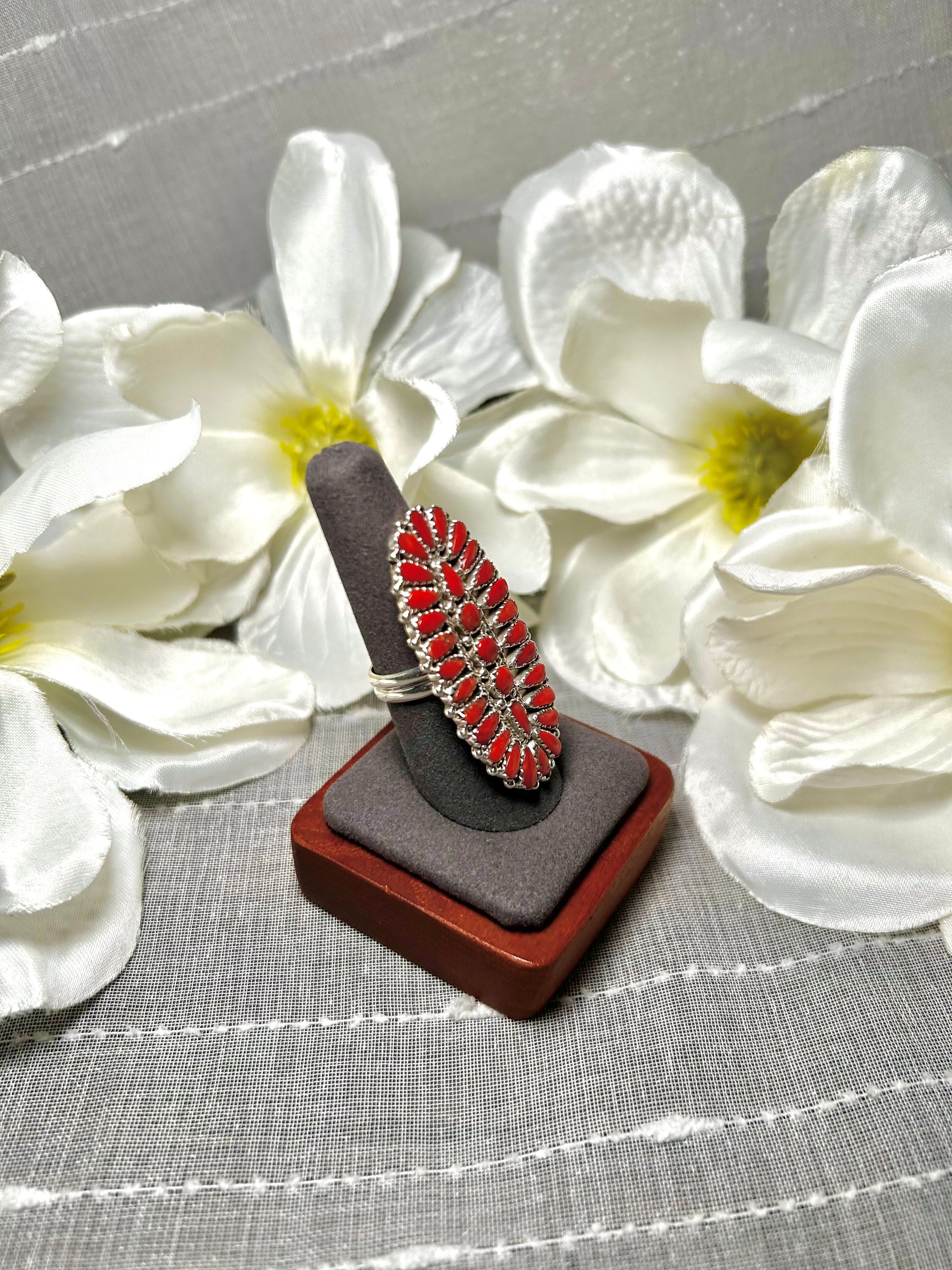 Navajo Made Red Coral & Sterling Silver Adjustable Ring