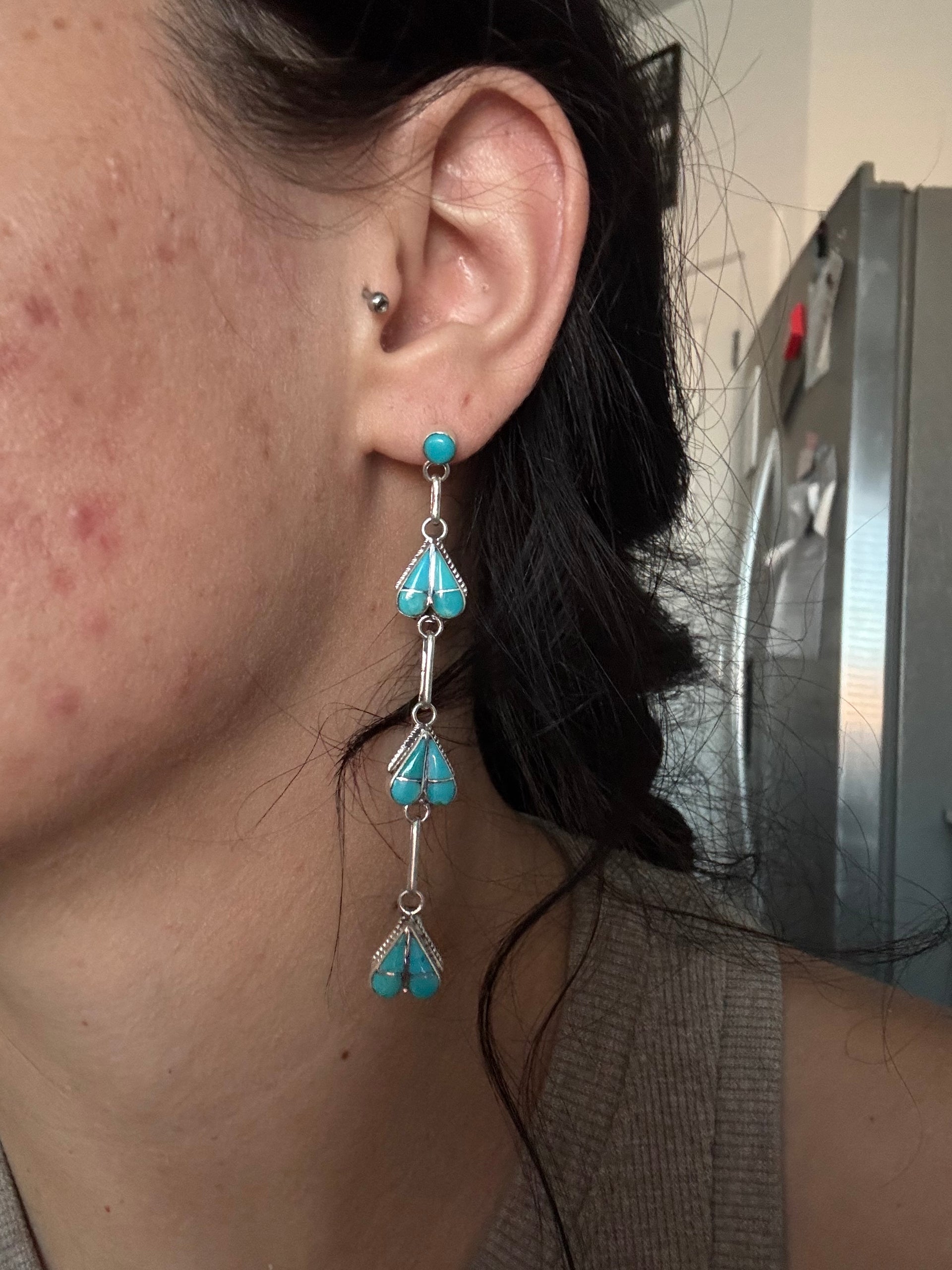 Zuni Made Kingman Turquoise & Sterling Silver Post Dangle Earrings