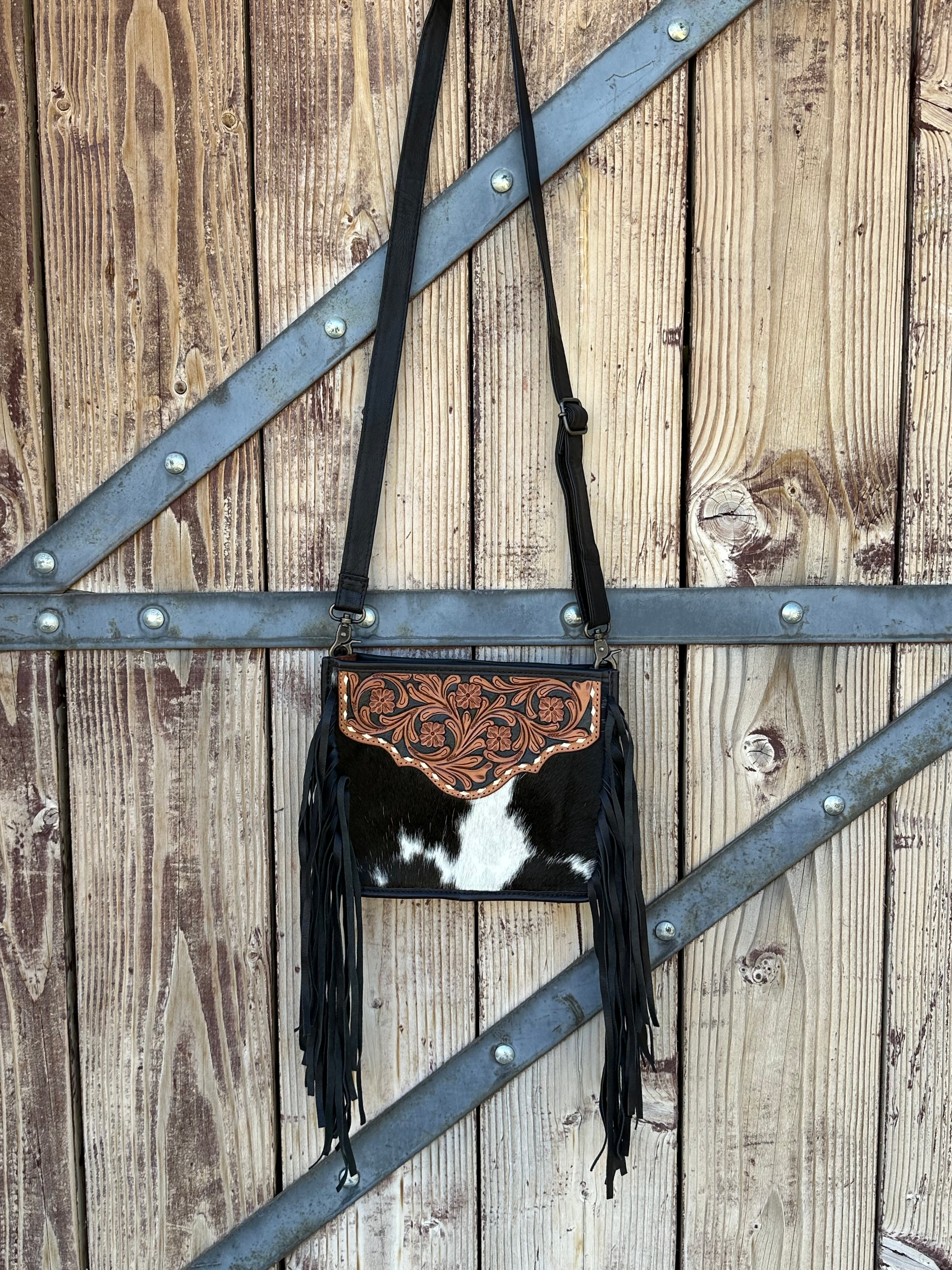 Genuine Tooled Leather & Cowhide Fringe Purse