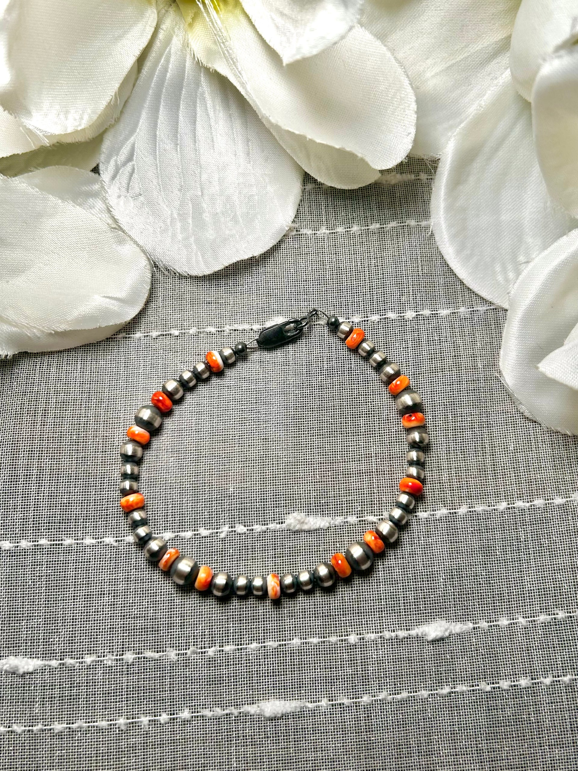 Navajo Made Strung Spiny Oyster & Sterling Silver Link Bracelet