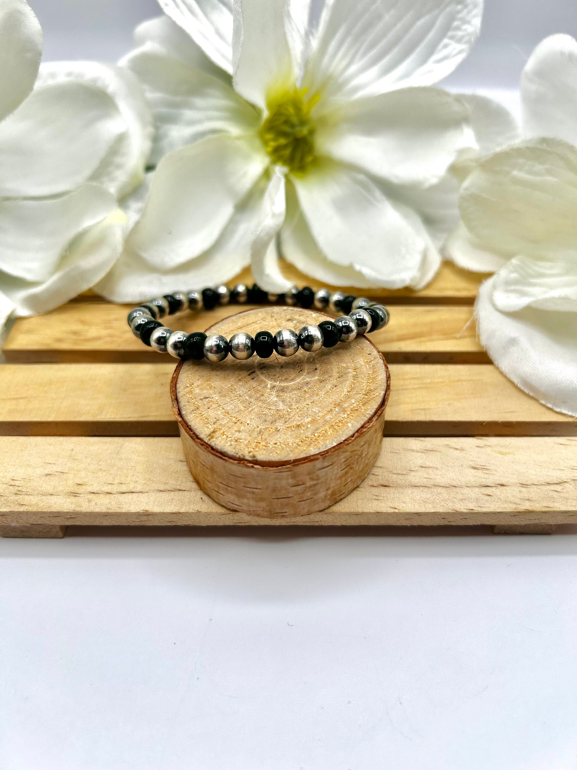 Navajo Made Onyx & Sterling Sliver  Strung Stretchy Bracelet