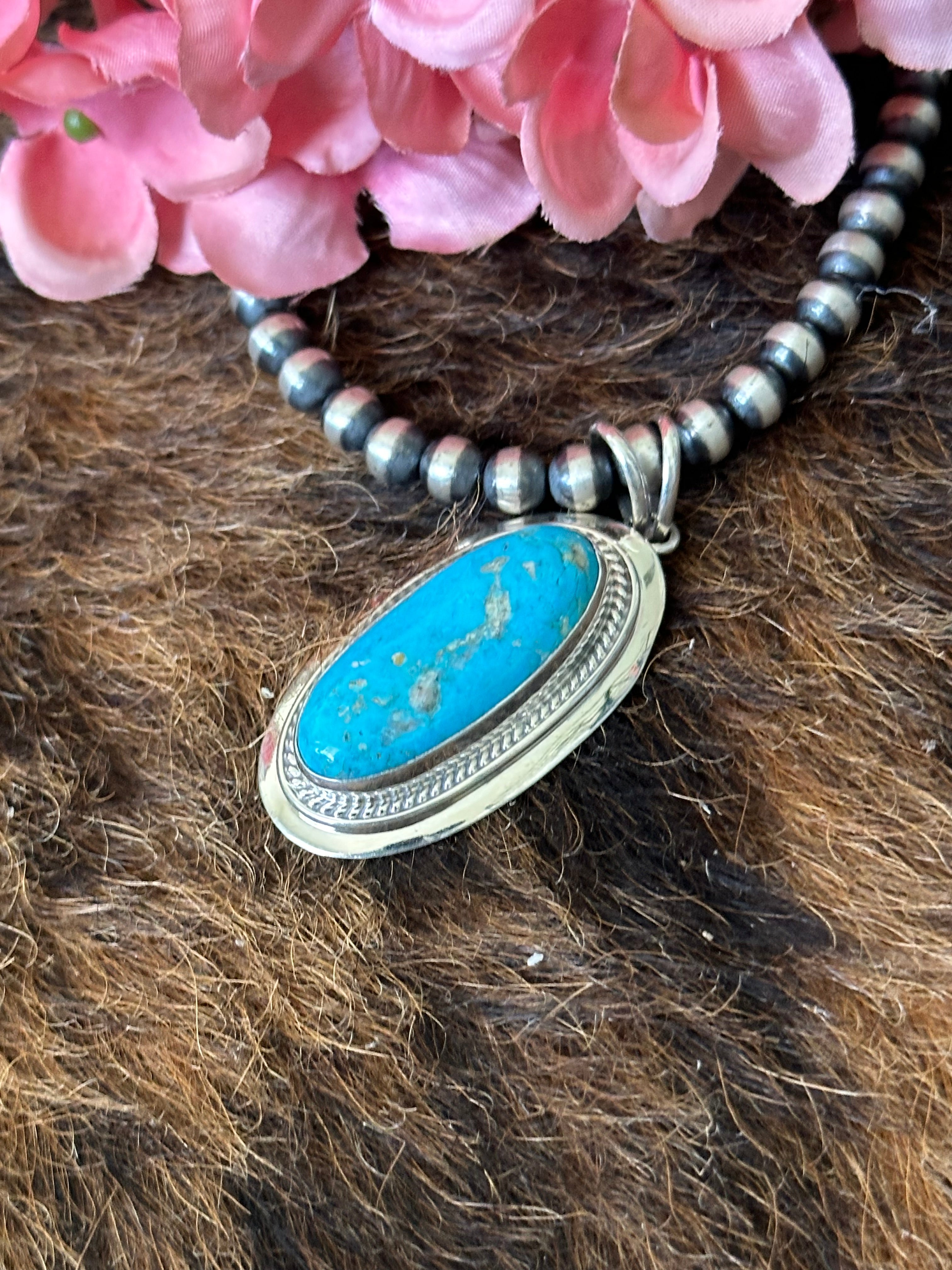 Navajo Made Kingman Turquoise & Sterling Silver Pendant