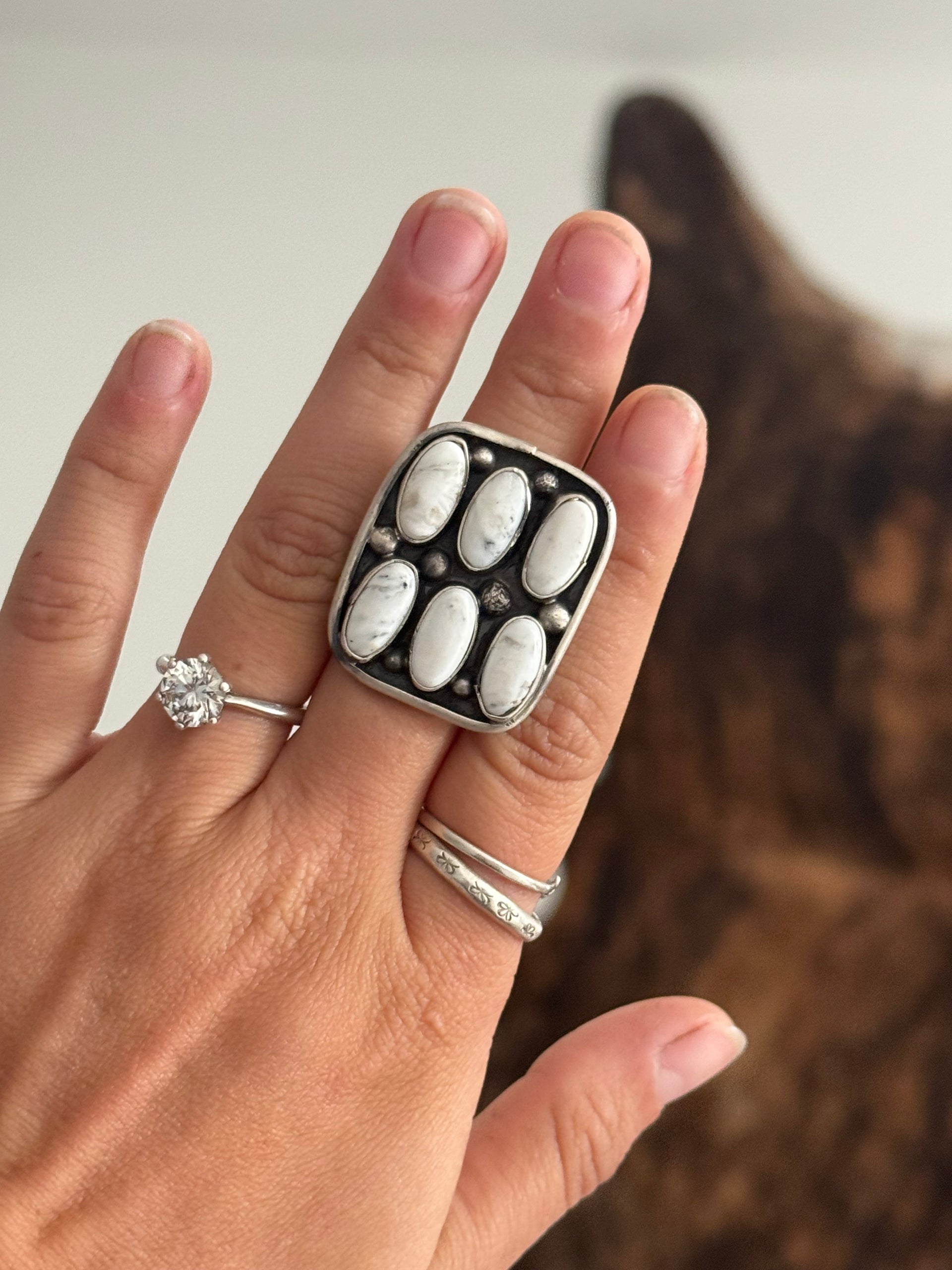 Ella Peters Made White Buffalo & Sterling Sliver Cluster Adjustable Ring