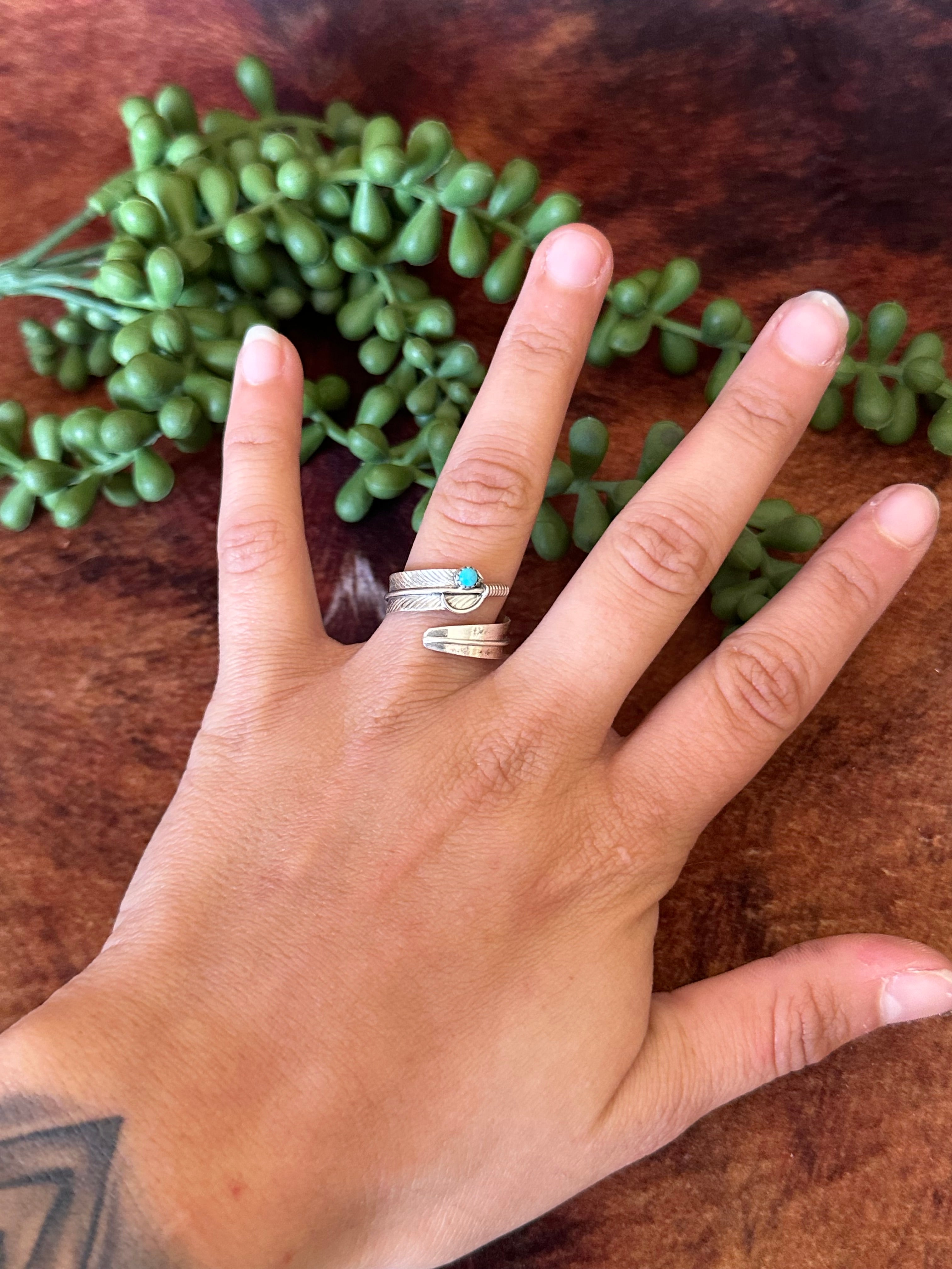 Navajo Made Kingman Turquoise & Sterling Silver Feather Adjustable Ring